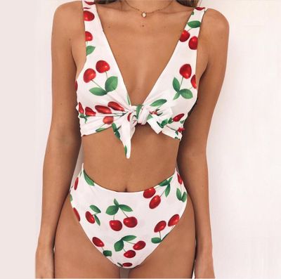 (image for) Cherry Print Front Knot High‑Waisted Two‑Piece Bikini Set Women Swimsuit