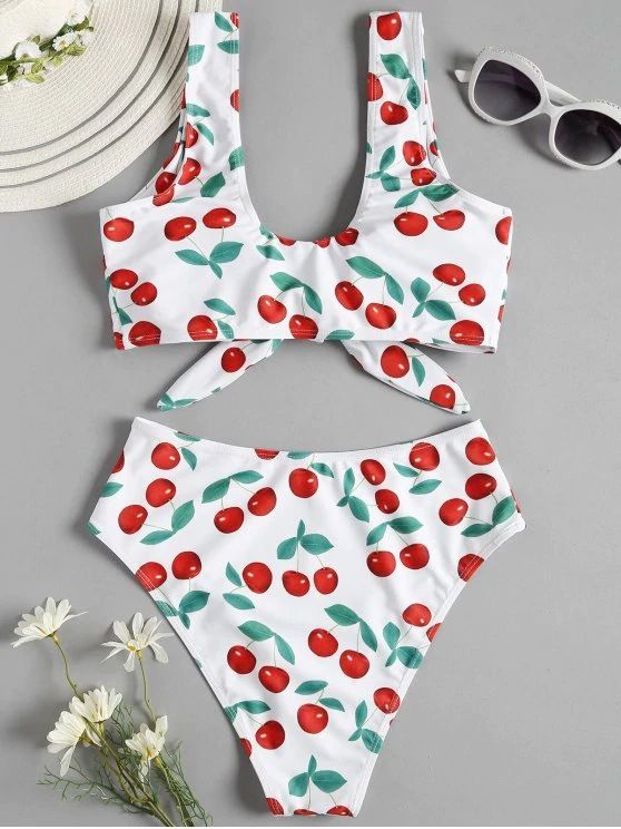 (image for) Cherry Print Front Knot High‑Waisted Two‑Piece Bikini Set Women Swimsuit