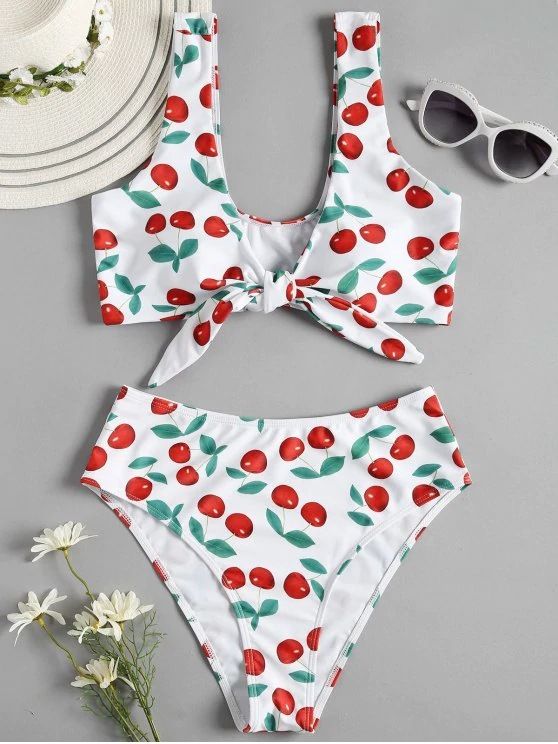 (image for) Cherry Print Front Knot High‑Waisted Two‑Piece Bikini Set Women Swimsuit