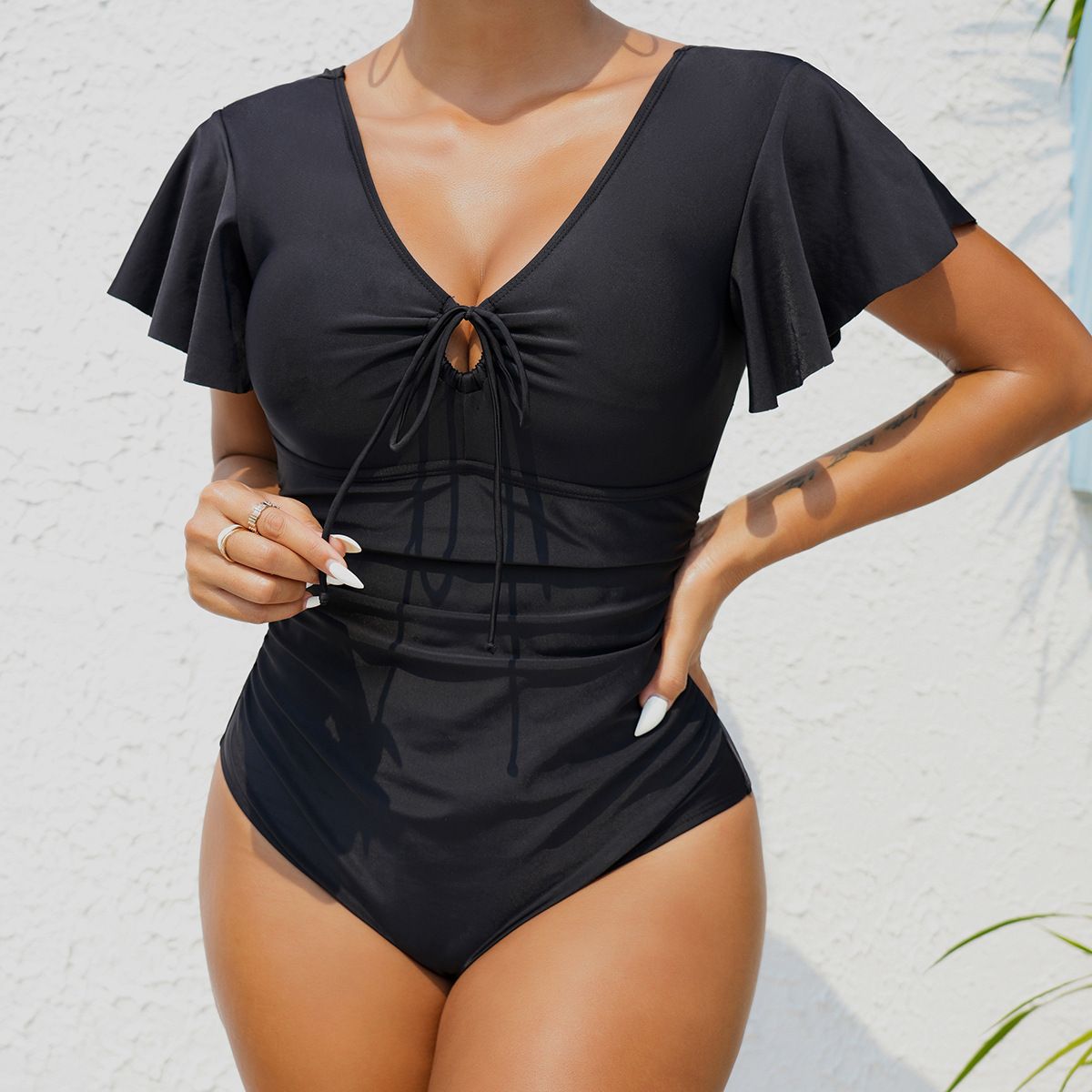 (image for) Women Short Flutter Sleeve V‑Neck Drawstring One‑Piece Swimsuit, Conservative Tummy Control Bathing Suit