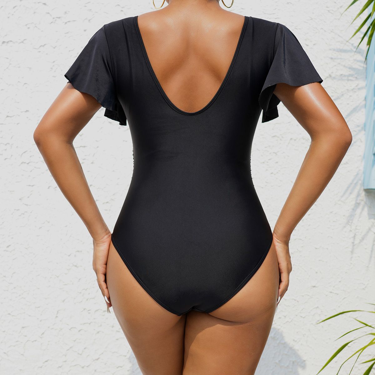 (image for) Women Short Flutter Sleeve V‑Neck Drawstring One‑Piece Swimsuit, Conservative Tummy Control Bathing Suit
