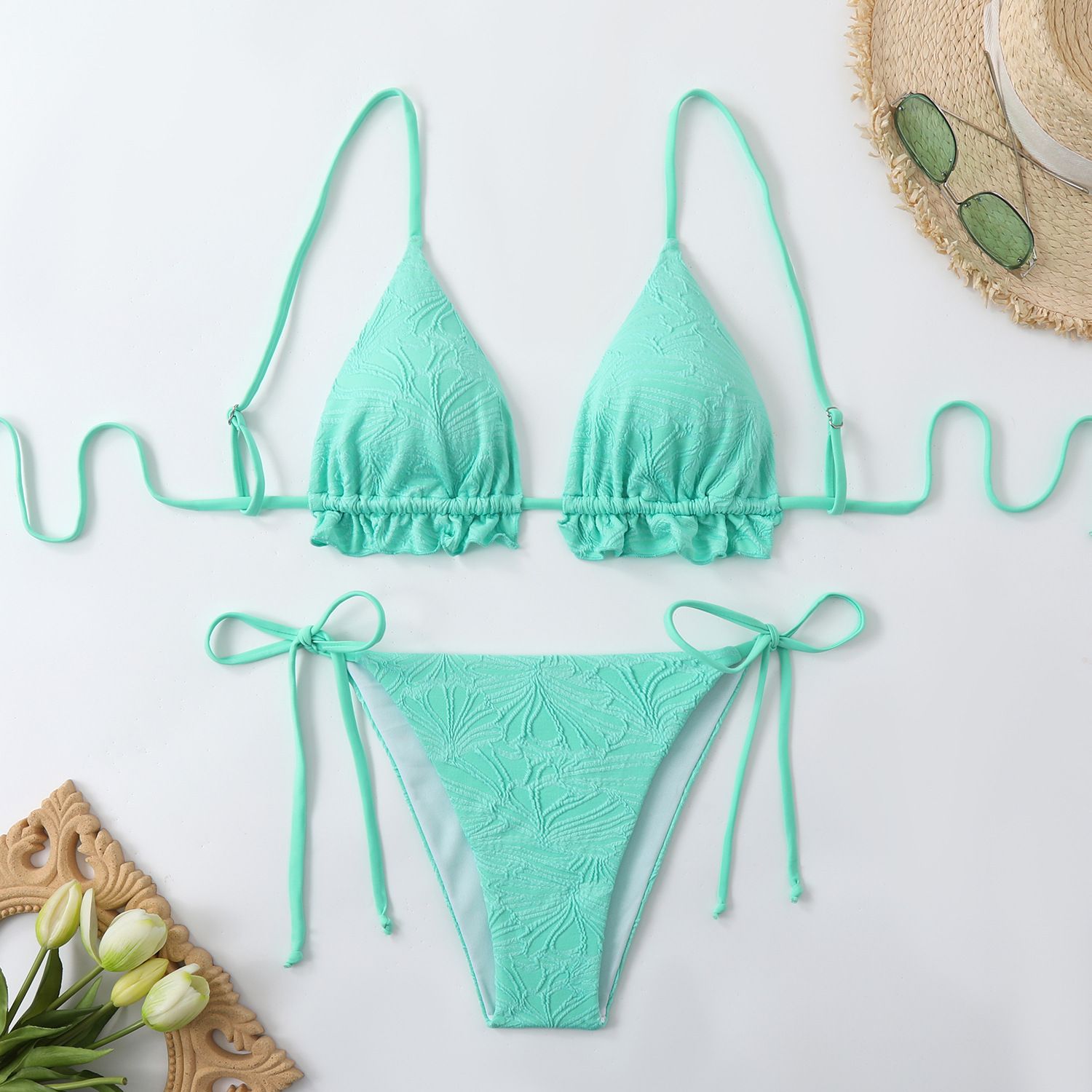 (image for) Ruffled Triangle Bikini Set Side Tie Two‑Piece Women Swimsuit