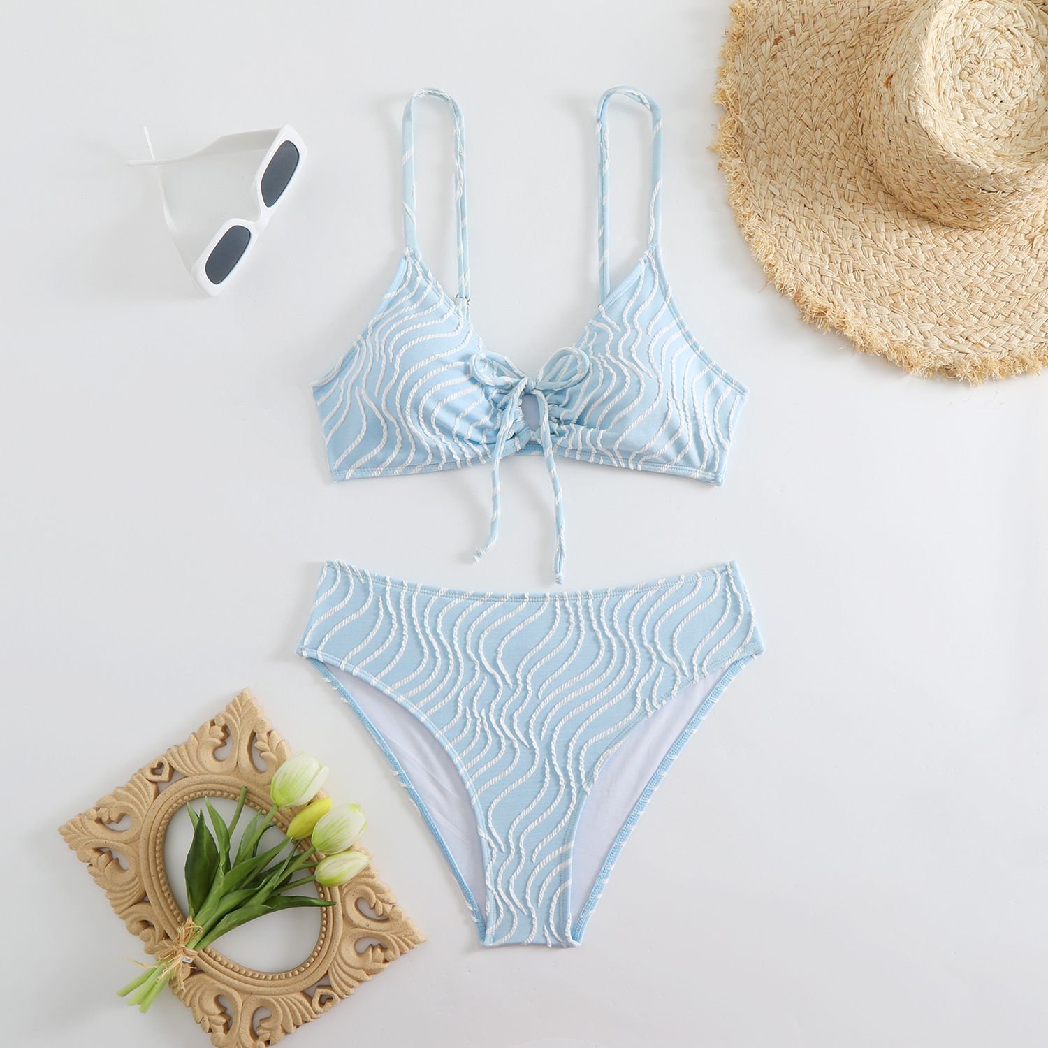 (image for) Women Wave‑Pattern Two‑Piece Bikini Set, Front Tie Padded Swimsuit