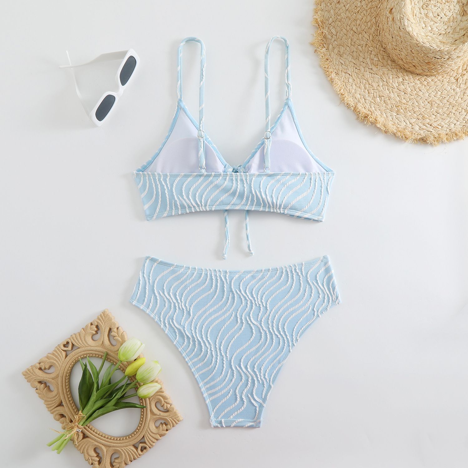 (image for) Women Wave‑Pattern Two‑Piece Bikini Set, Front Tie Padded Swimsuit