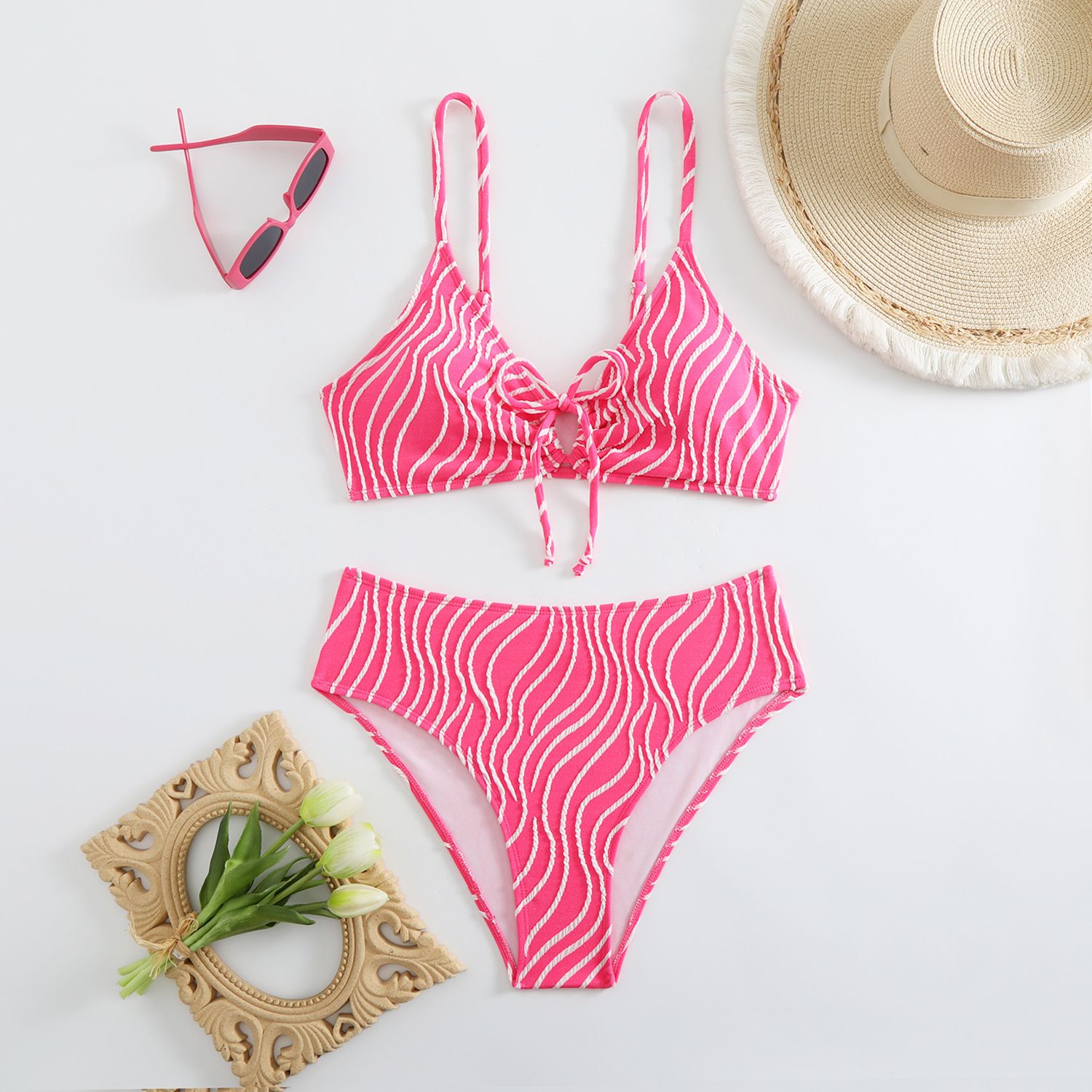 (image for) Women Wave‑Pattern Two‑Piece Bikini Set, Front Tie Padded Swimsuit