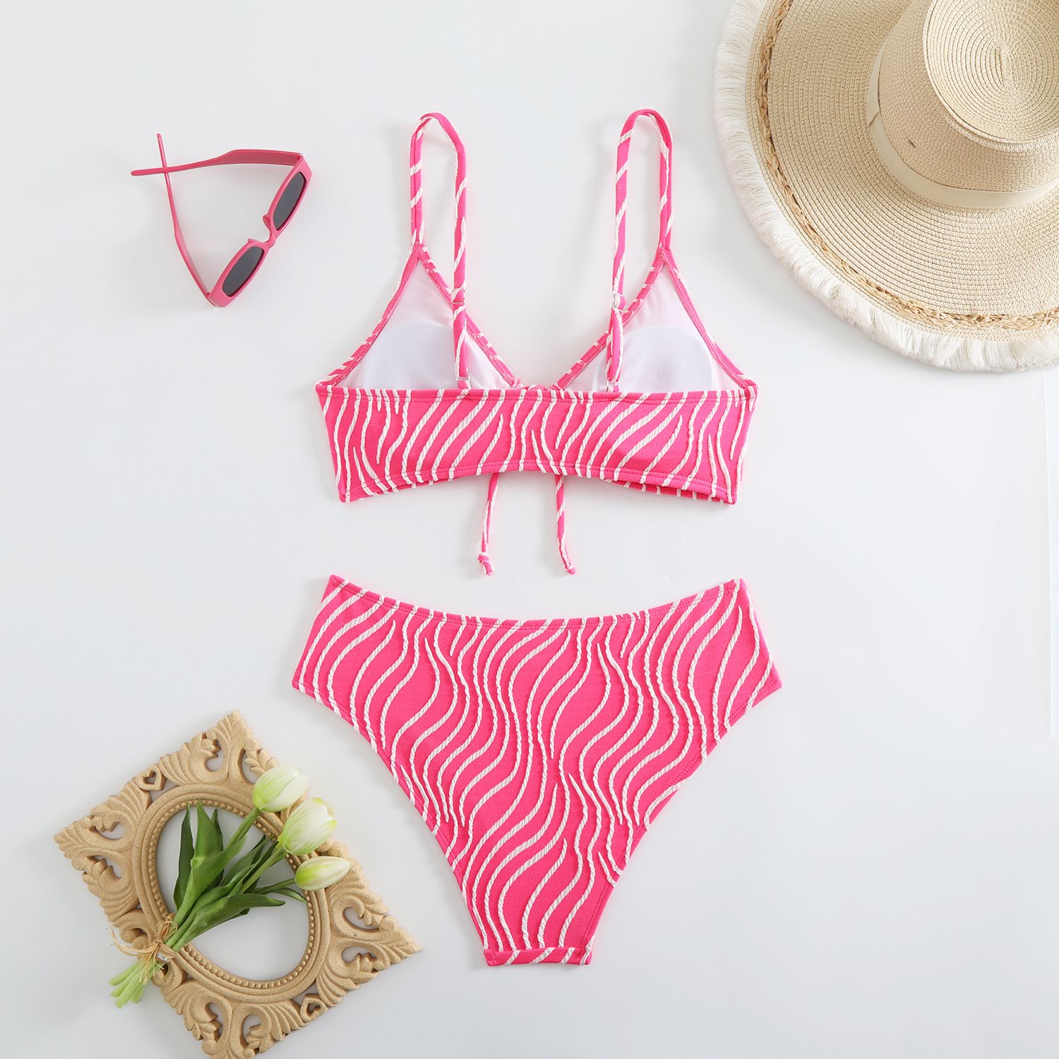 (image for) Women Wave‑Pattern Two‑Piece Bikini Set, Front Tie Padded Swimsuit