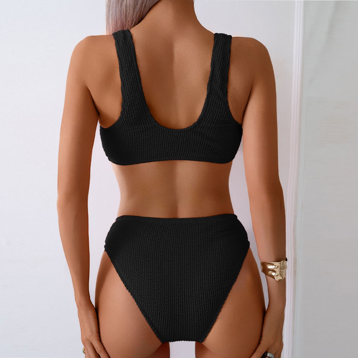 (image for) Women Solid Color Crinkle Textured Two‑Piece Bikini Set, V‑Neck Knot Front Swimwear