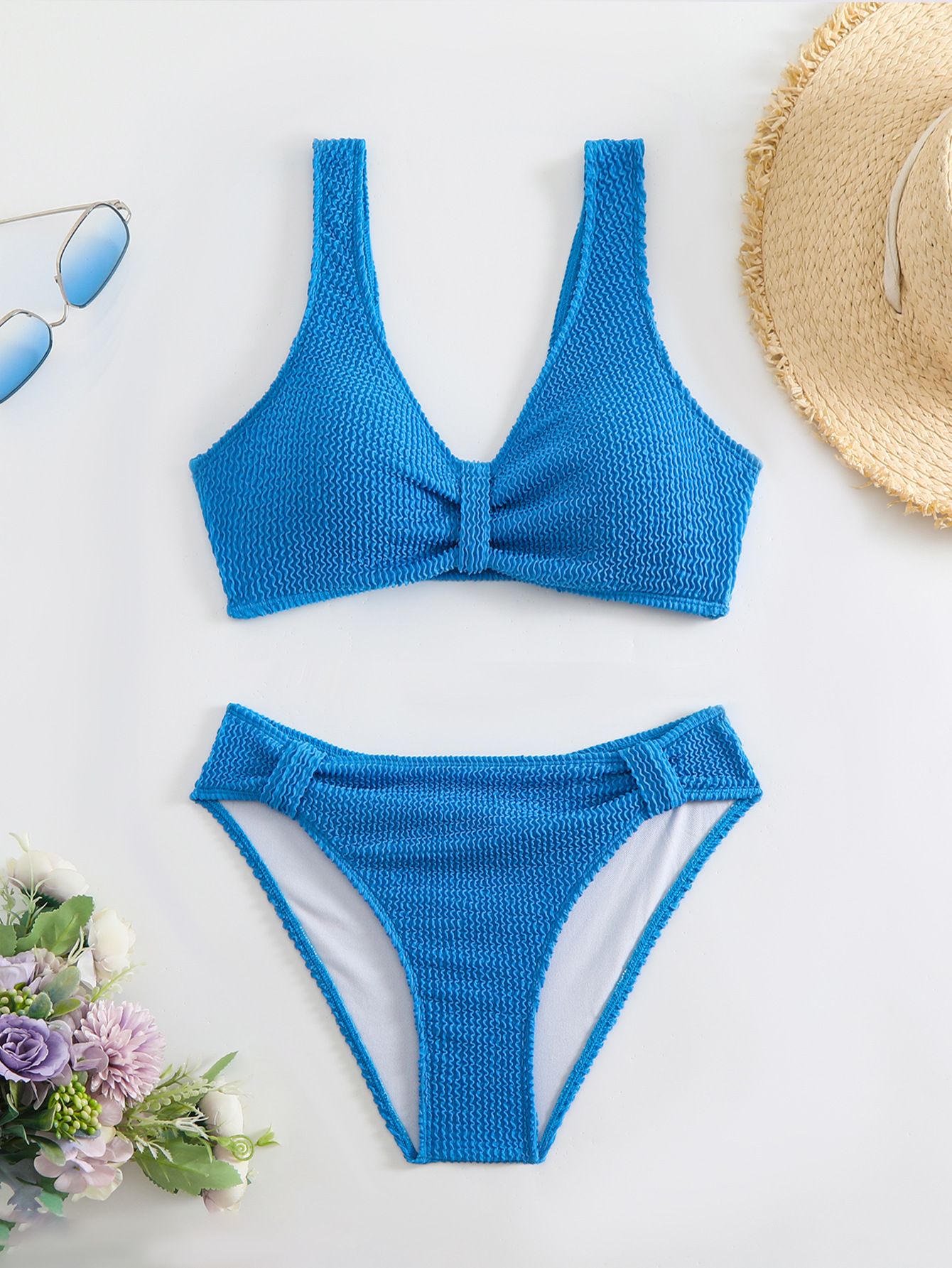 (image for) Women Solid Color Crinkle Textured Two‑Piece Bikini Set, V‑Neck Knot Front Swimwear
