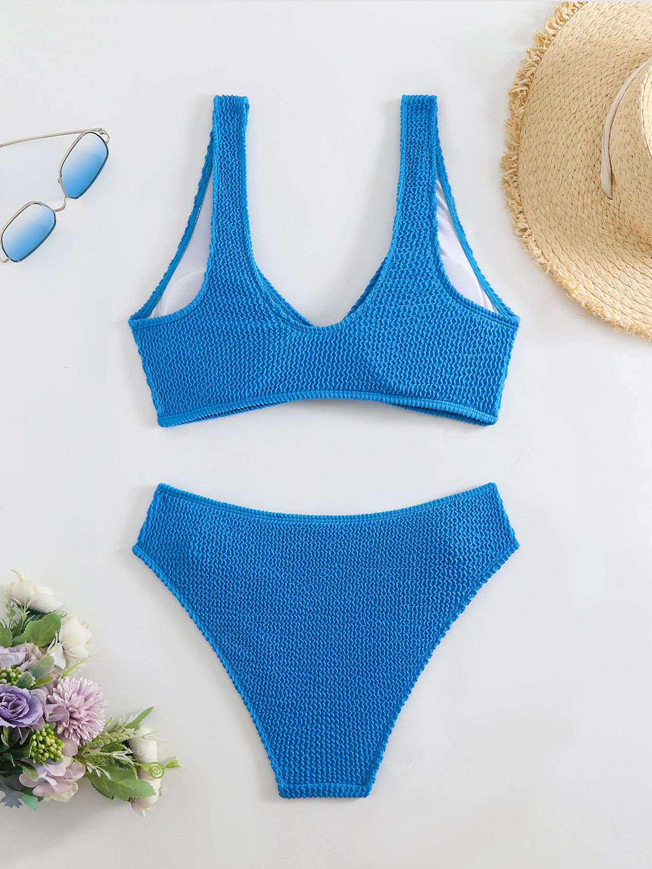 (image for) Women Solid Color Crinkle Textured Two‑Piece Bikini Set, V‑Neck Knot Front Swimwear