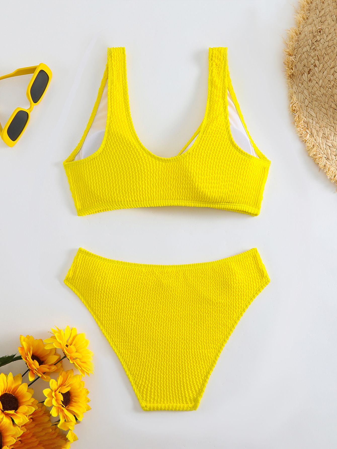 (image for) Women Solid Color Crinkle Textured Two‑Piece Bikini Set, V‑Neck Knot Front Swimwear
