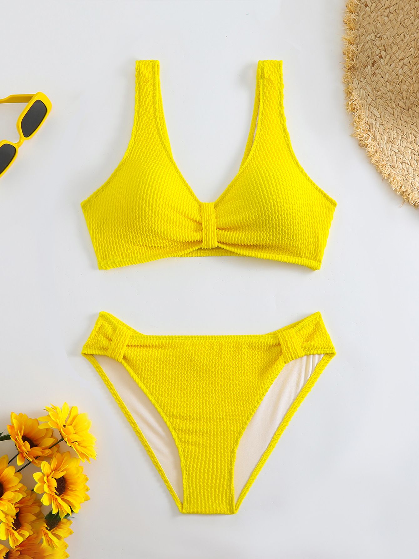 (image for) Women Solid Color Crinkle Textured Two‑Piece Bikini Set, V‑Neck Knot Front Swimwear