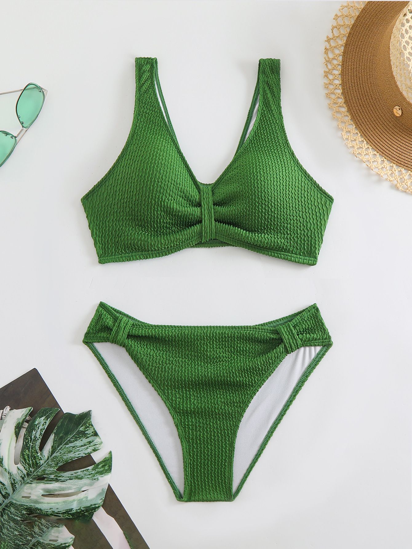(image for) Women Solid Color Crinkle Textured Two‑Piece Bikini Set, V‑Neck Knot Front Swimwear