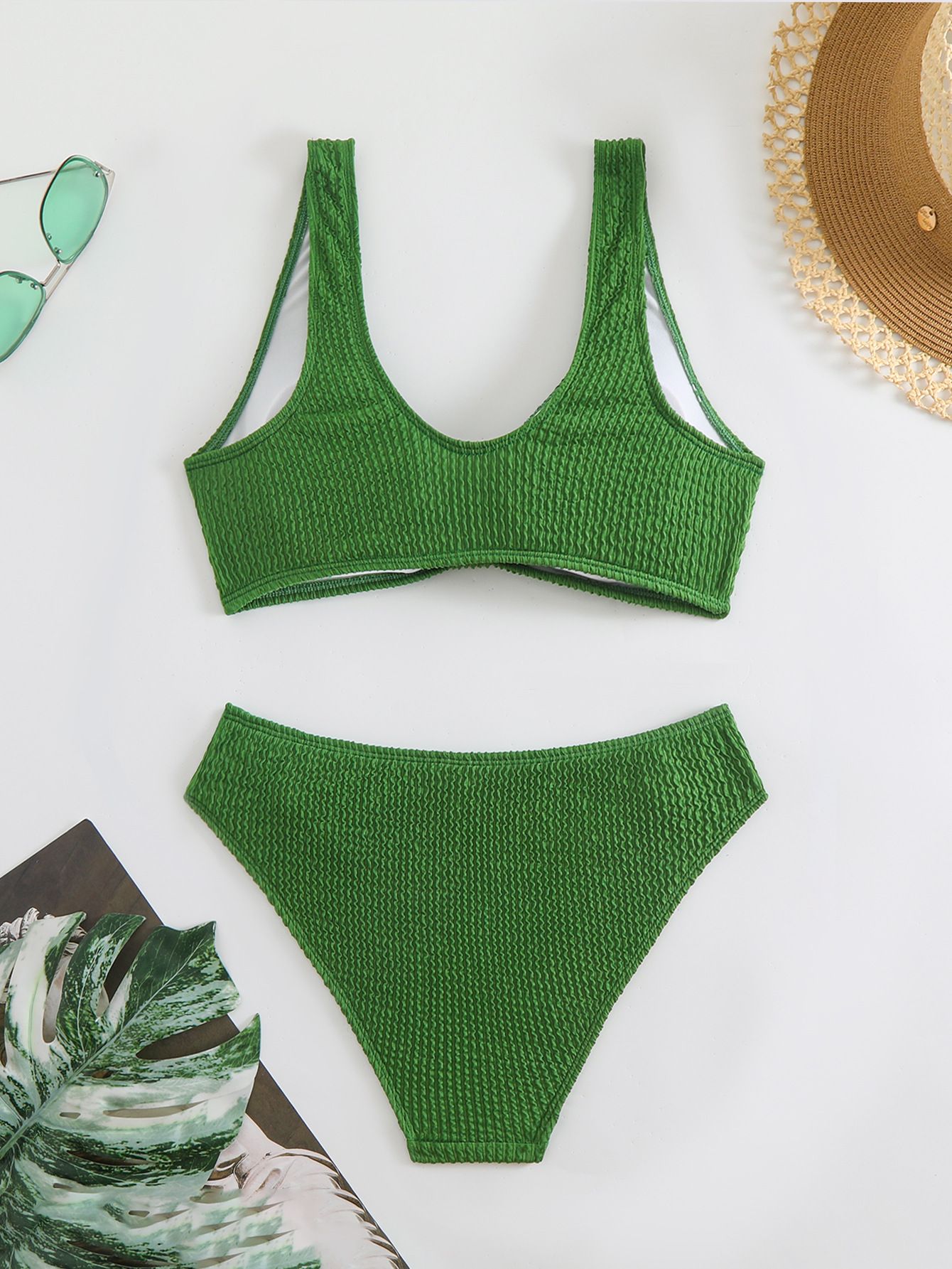 (image for) Women Solid Color Crinkle Textured Two‑Piece Bikini Set, V‑Neck Knot Front Swimwear