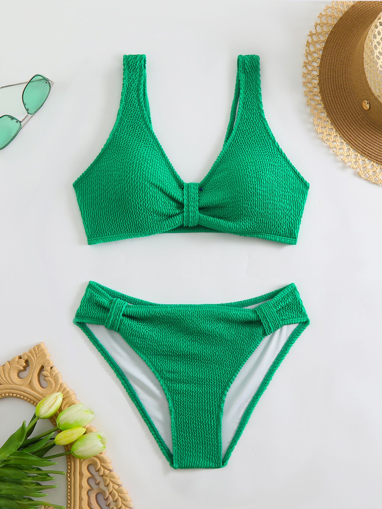 (image for) Women Solid Color Crinkle Textured Two‑Piece Bikini Set, V‑Neck Knot Front Swimwear