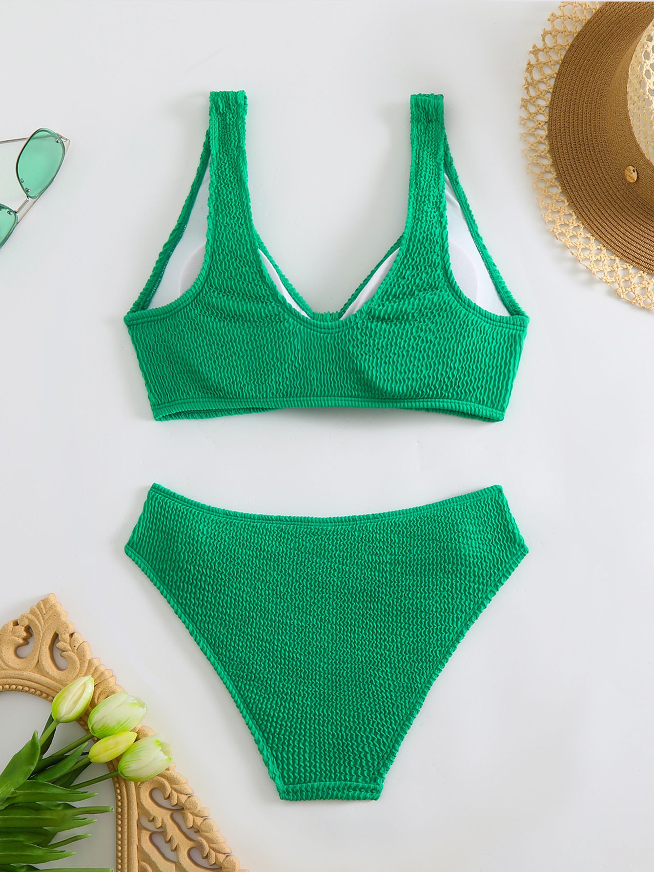 (image for) Women Solid Color Crinkle Textured Two‑Piece Bikini Set, V‑Neck Knot Front Swimwear