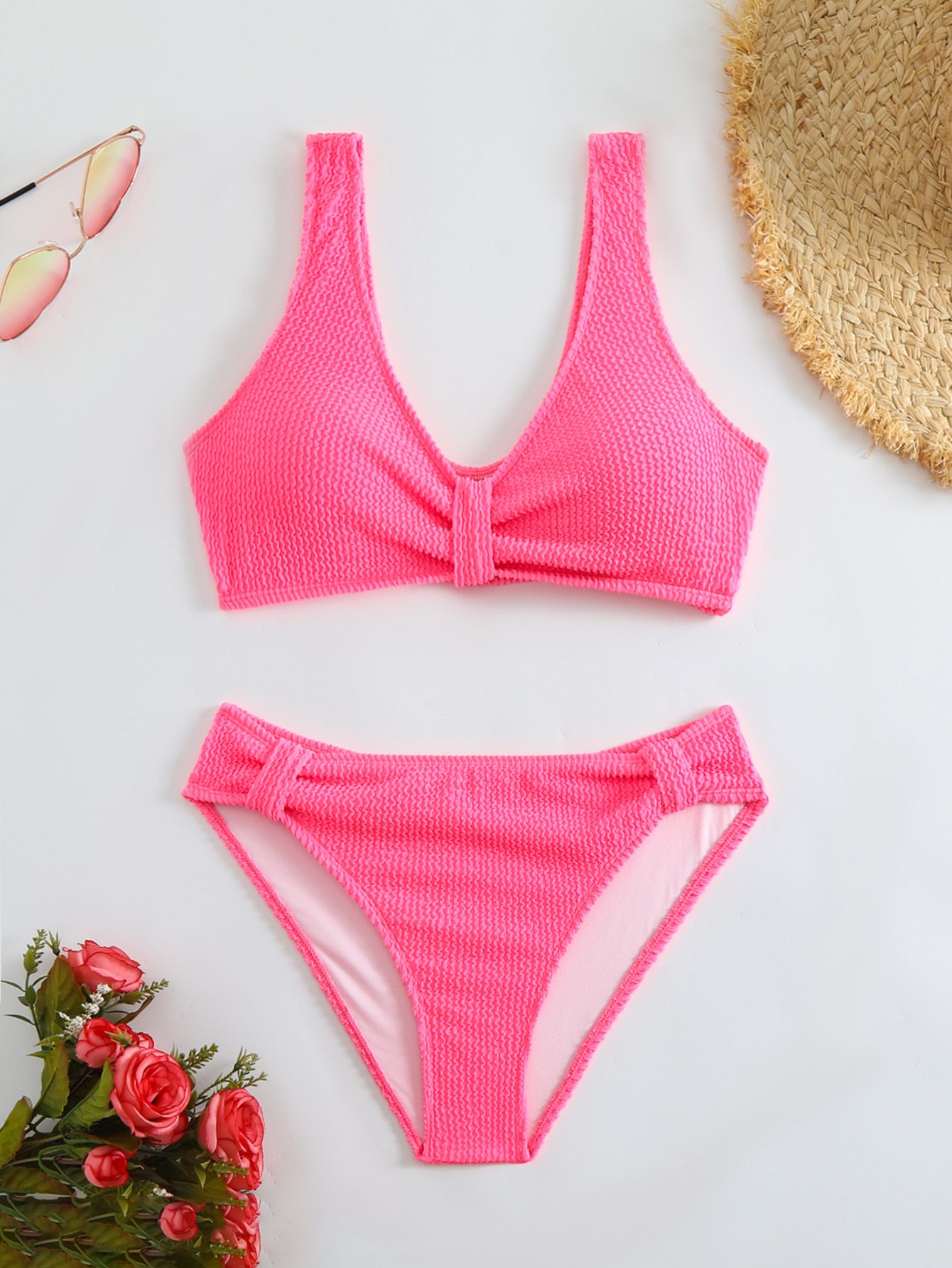 (image for) Women Solid Color Crinkle Textured Two‑Piece Bikini Set, V‑Neck Knot Front Swimwear