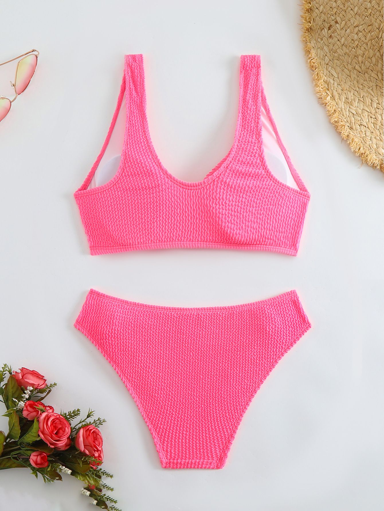 (image for) Women Solid Color Crinkle Textured Two‑Piece Bikini Set, V‑Neck Knot Front Swimwear
