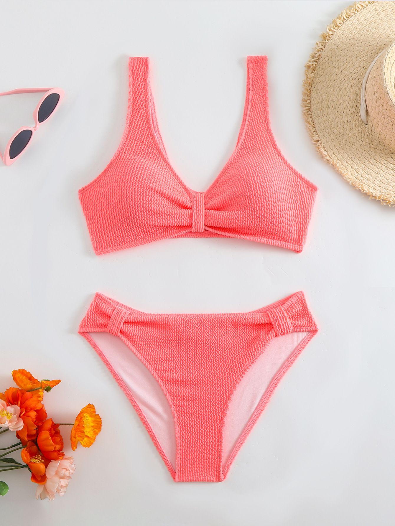 (image for) Women Solid Color Crinkle Textured Two‑Piece Bikini Set, V‑Neck Knot Front Swimwear