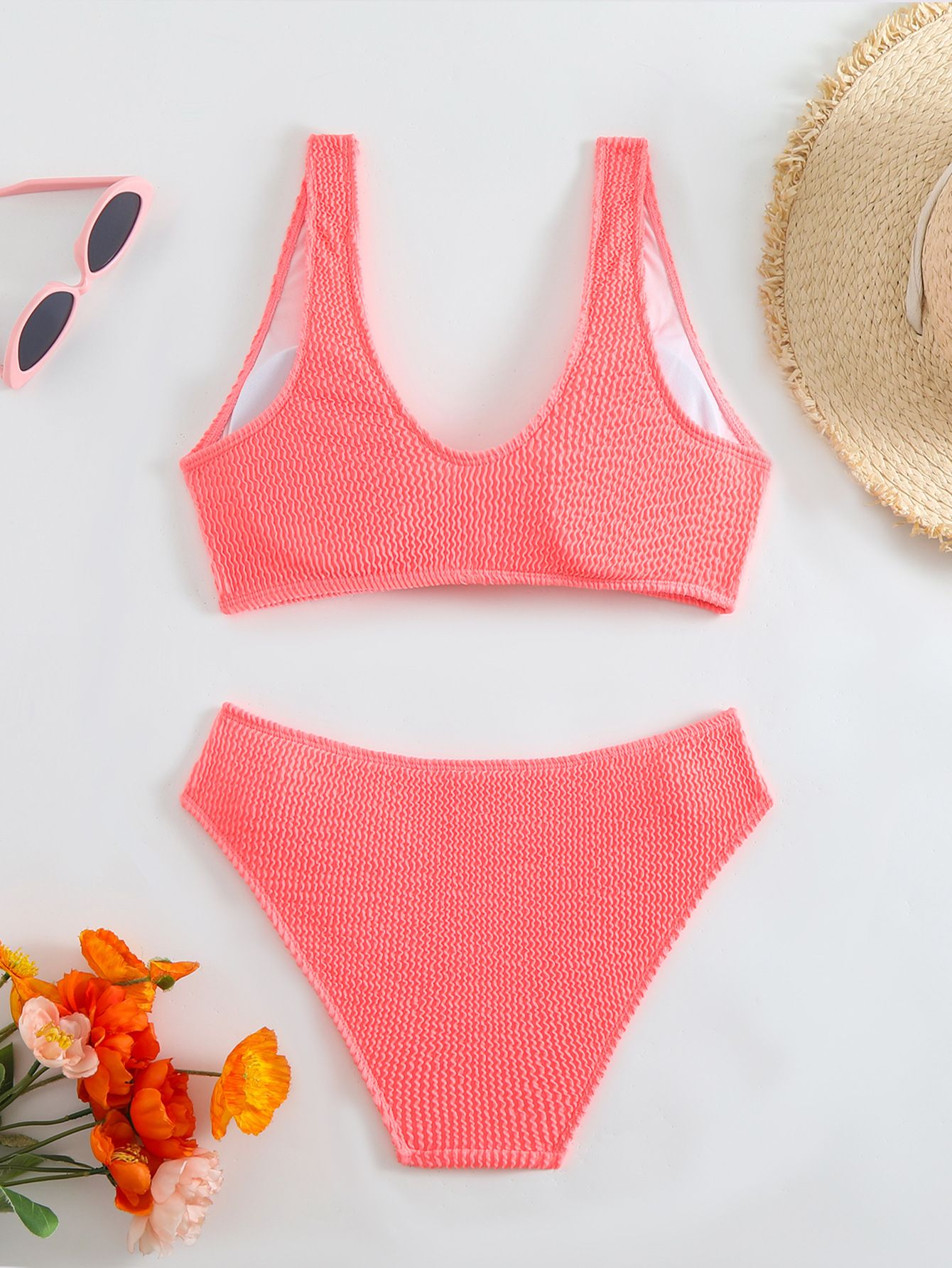 (image for) Women Solid Color Crinkle Textured Two‑Piece Bikini Set, V‑Neck Knot Front Swimwear