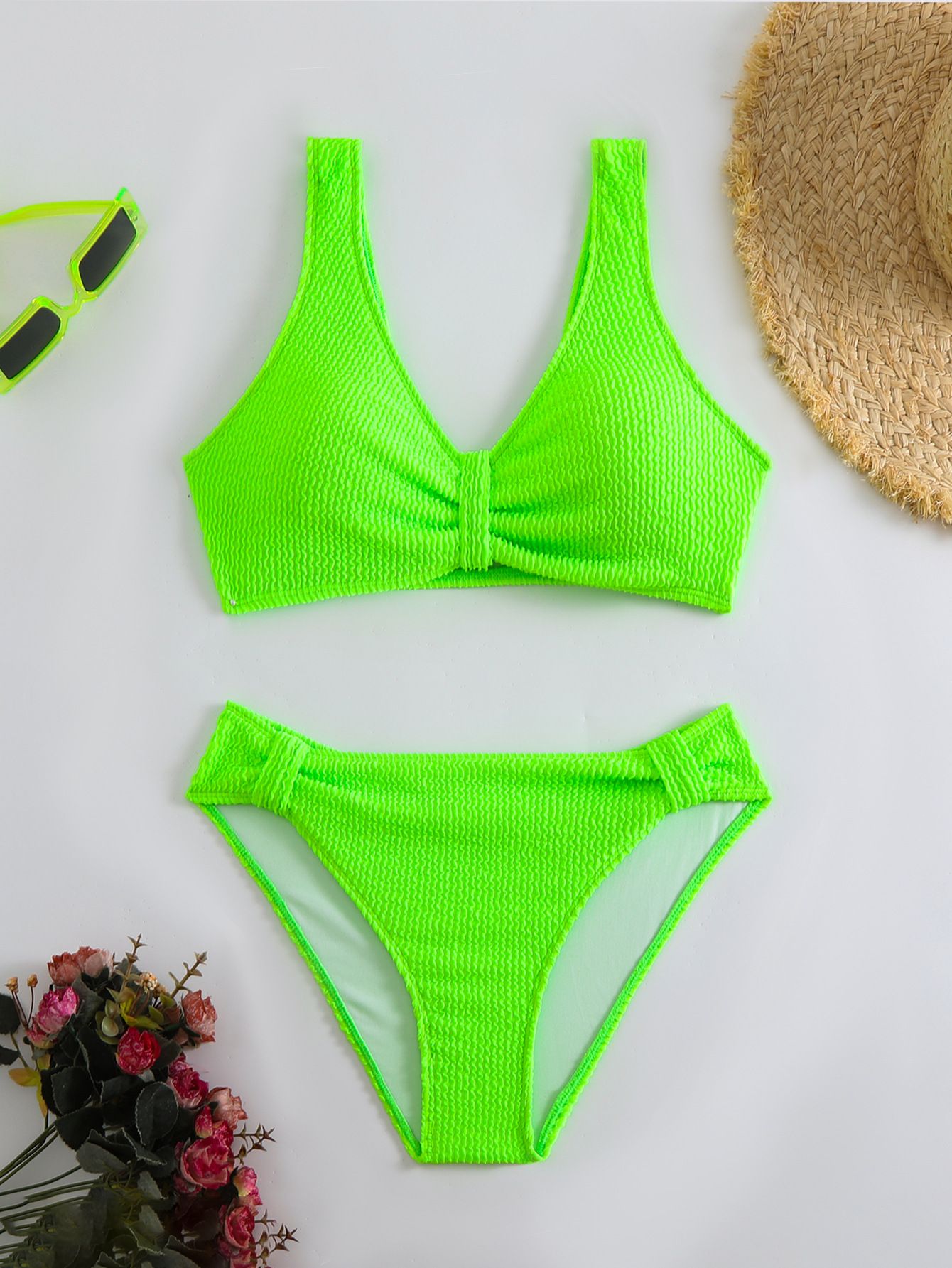 (image for) Women Solid Color Crinkle Textured Two‑Piece Bikini Set, V‑Neck Knot Front Swimwear