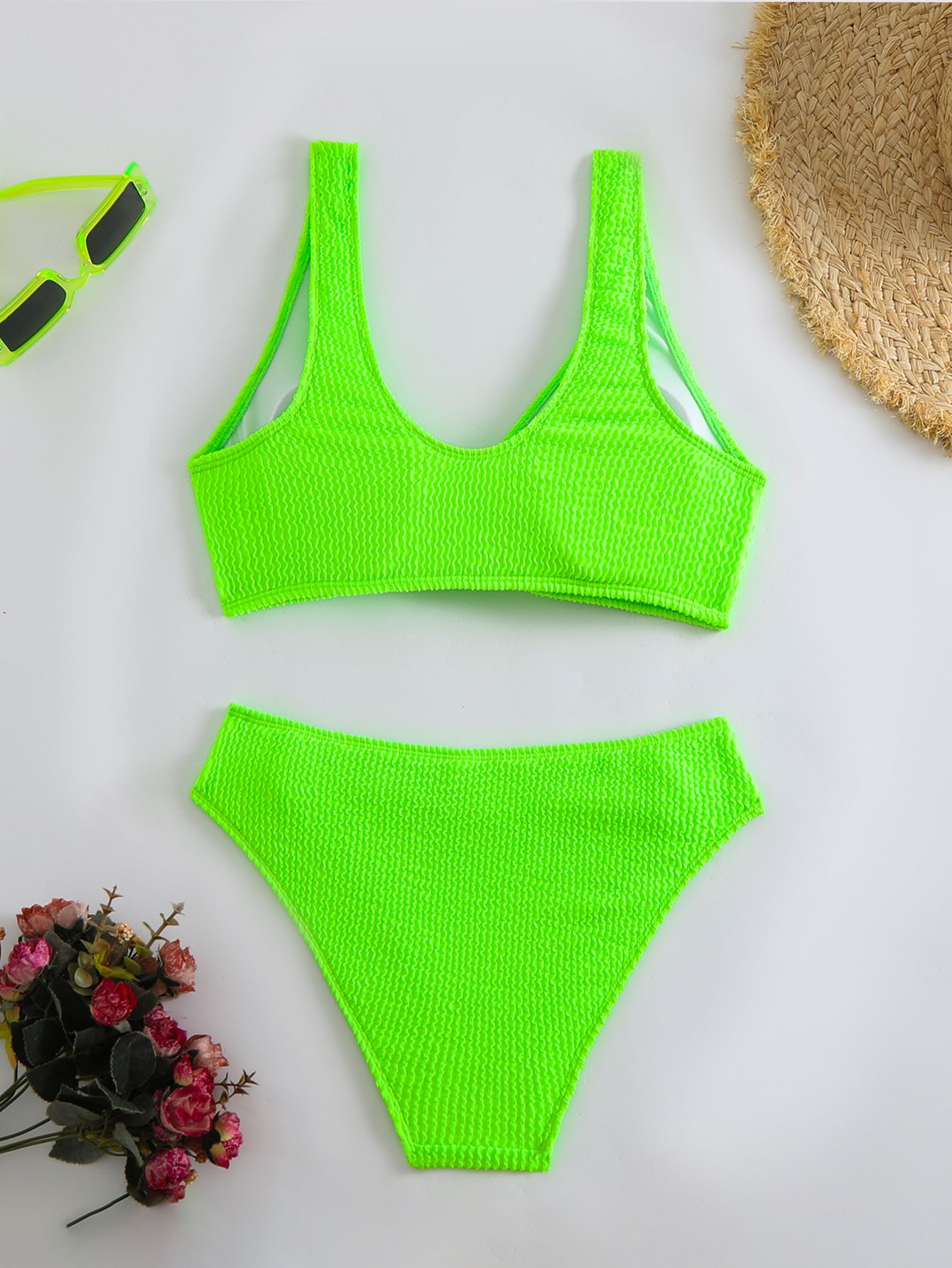 (image for) Women Solid Color Crinkle Textured Two‑Piece Bikini Set, V‑Neck Knot Front Swimwear
