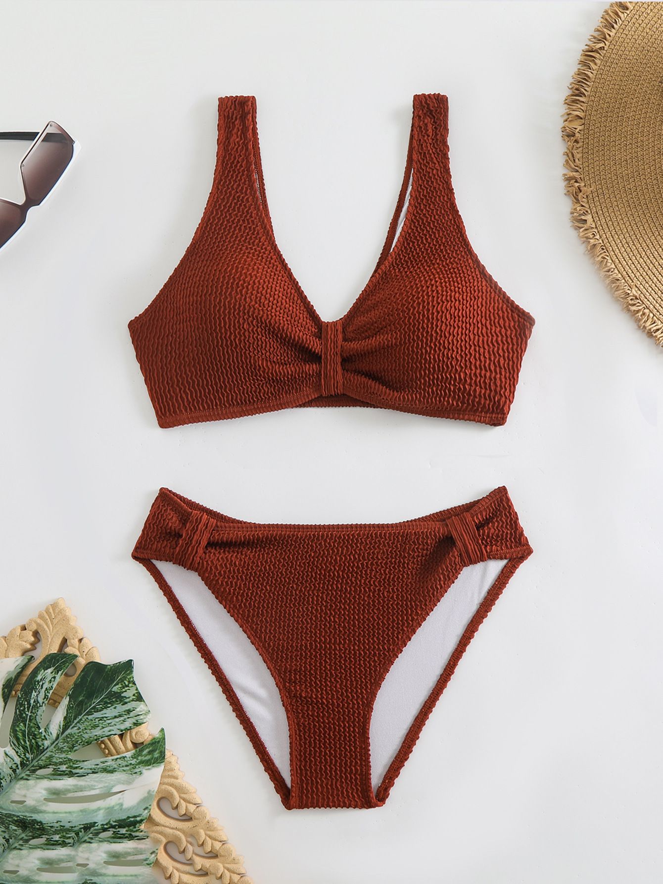 (image for) Women Solid Color Crinkle Textured Two‑Piece Bikini Set, V‑Neck Knot Front Swimwear