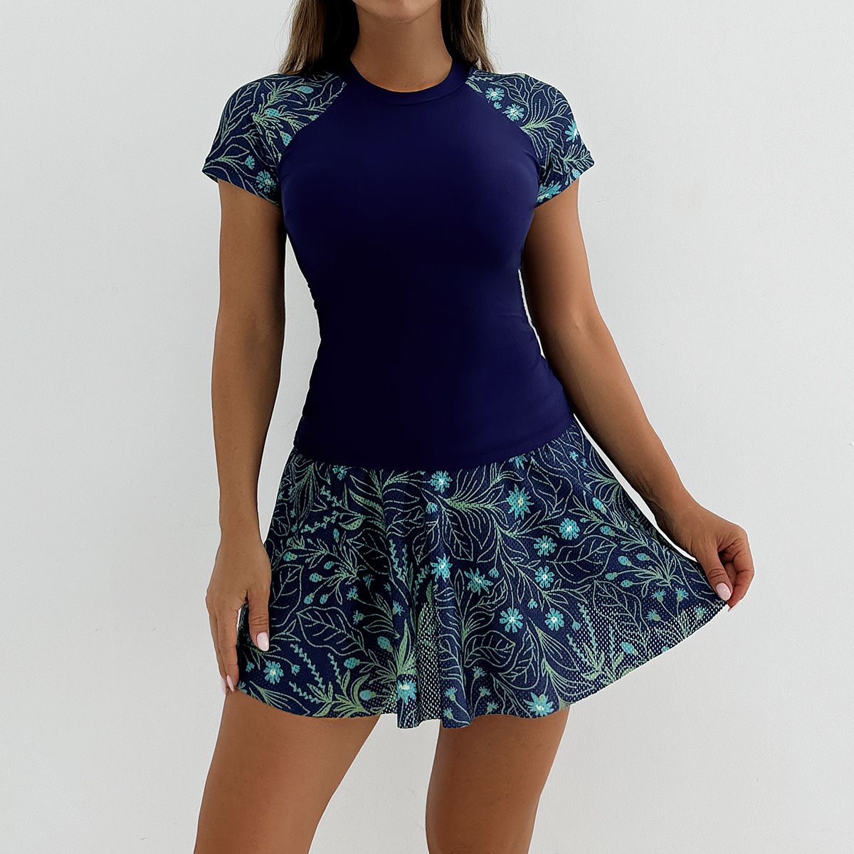(image for) Women's Short‑Sleeve Tankini Skirted Swimsuit Set Floral Print Conservative Swimwear