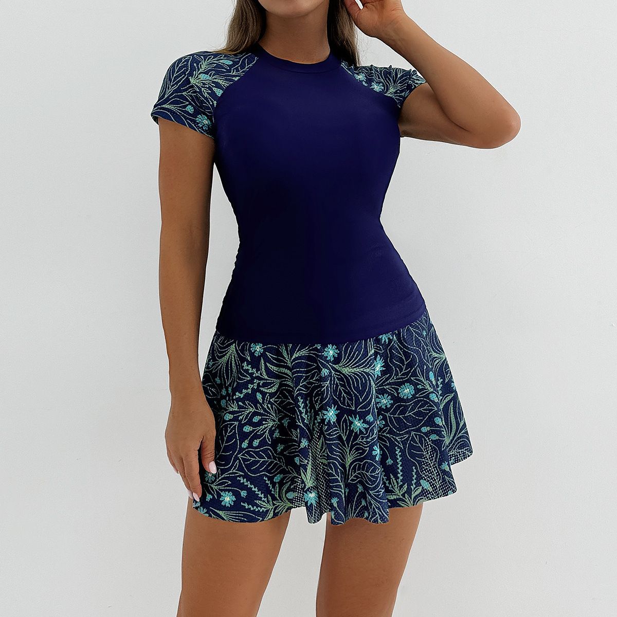 (image for) Women's Short‑Sleeve Tankini Skirted Swimsuit Set Floral Print Conservative Swimwear