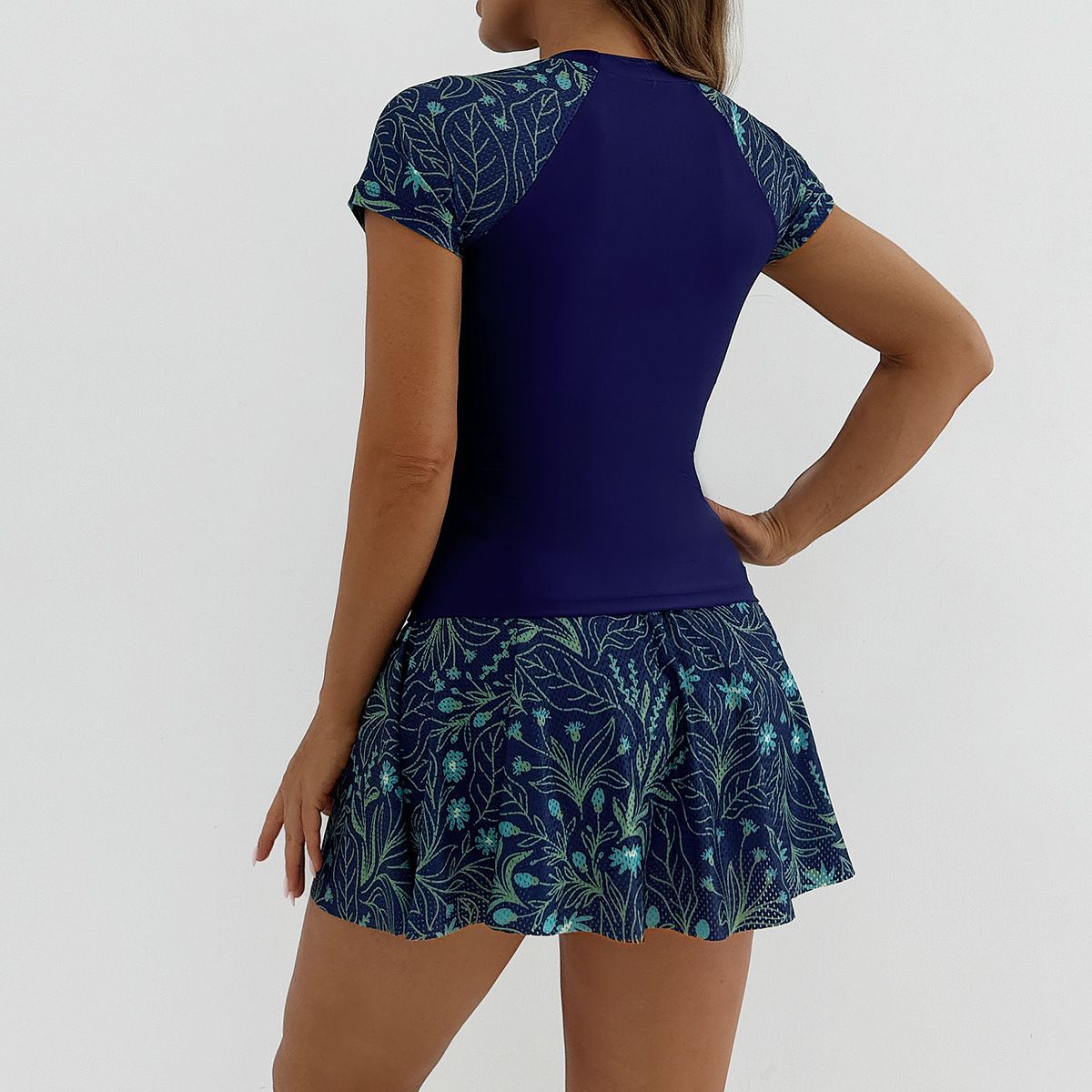 (image for) Women's Short‑Sleeve Tankini Skirted Swimsuit Set Floral Print Conservative Swimwear