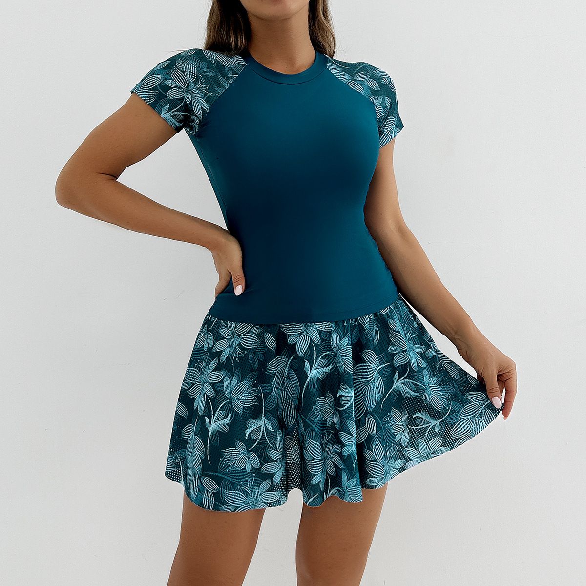 (image for) Women's Short‑Sleeve Tankini Skirted Swimsuit Set Floral Print Conservative Swimwear