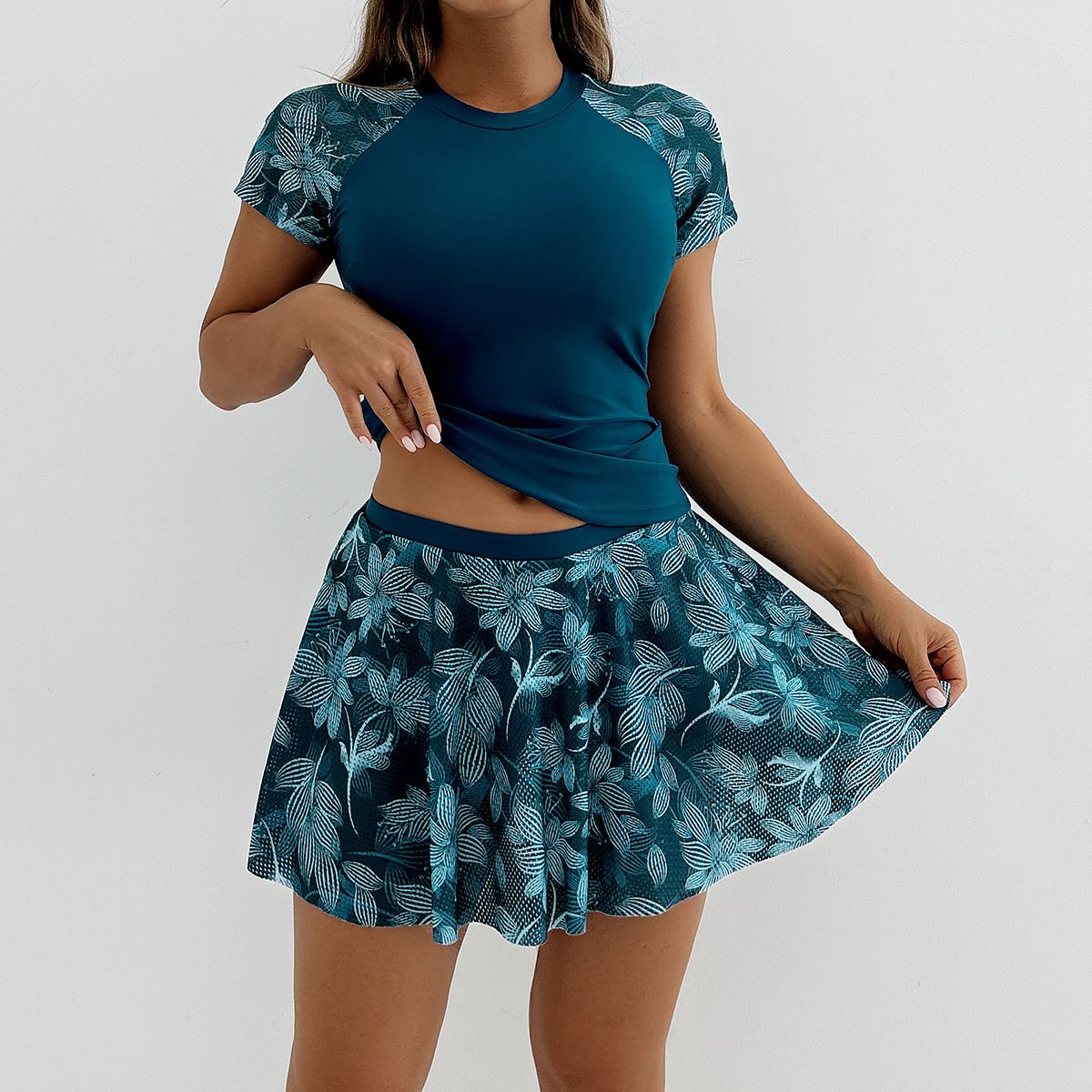 (image for) Women's Short‑Sleeve Tankini Skirted Swimsuit Set Floral Print Conservative Swimwear