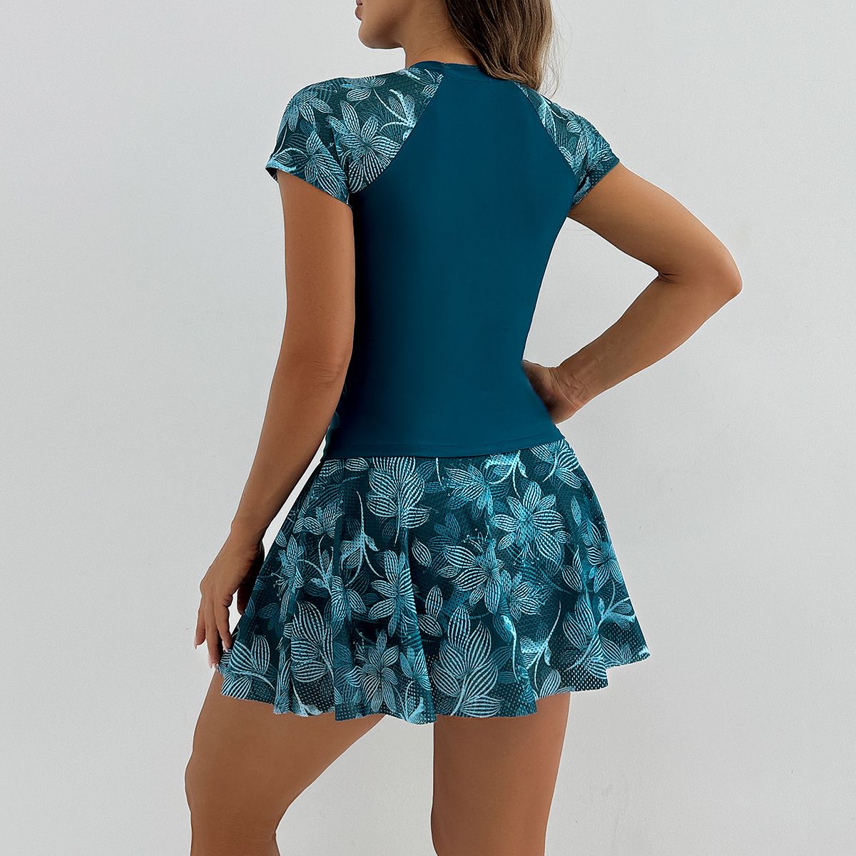 (image for) Women's Short‑Sleeve Tankini Skirted Swimsuit Set Floral Print Conservative Swimwear