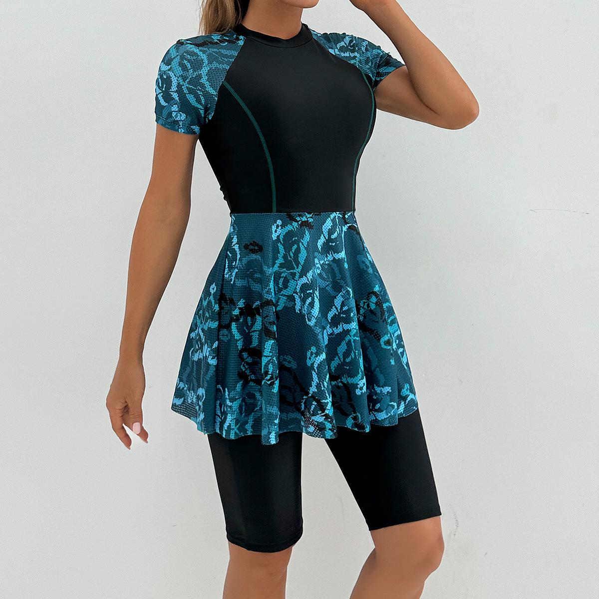 Women Short Sleeve Skirt Two Piece Printed Splice Conservative Surf Bathing Suit (image for) Women Short Sleeve Skirt Two Piece Printed Splice Conservative Surf Bathing Suit