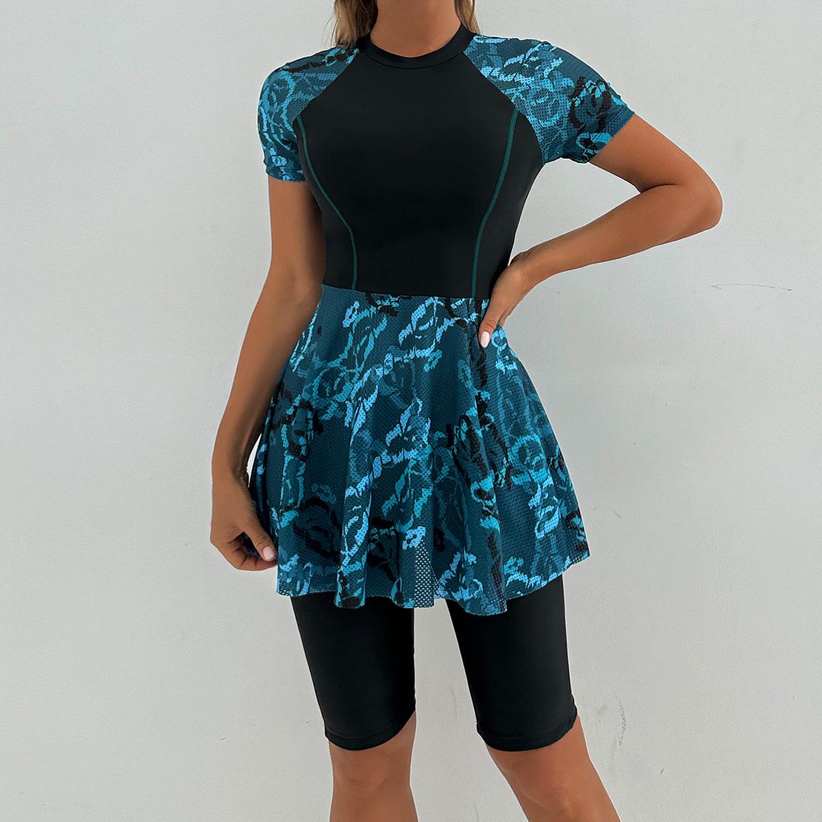 (image for) Women Short Sleeve Skirt Two Piece Printed Splice Conservative Surf Bathing Suit