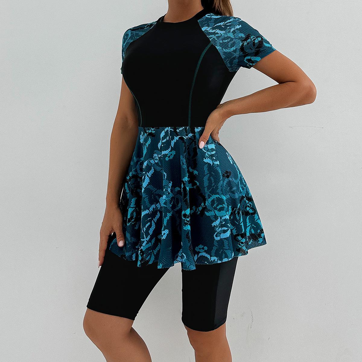 (image for) Women Short Sleeve Skirt Two Piece Printed Splice Conservative Surf Bathing Suit