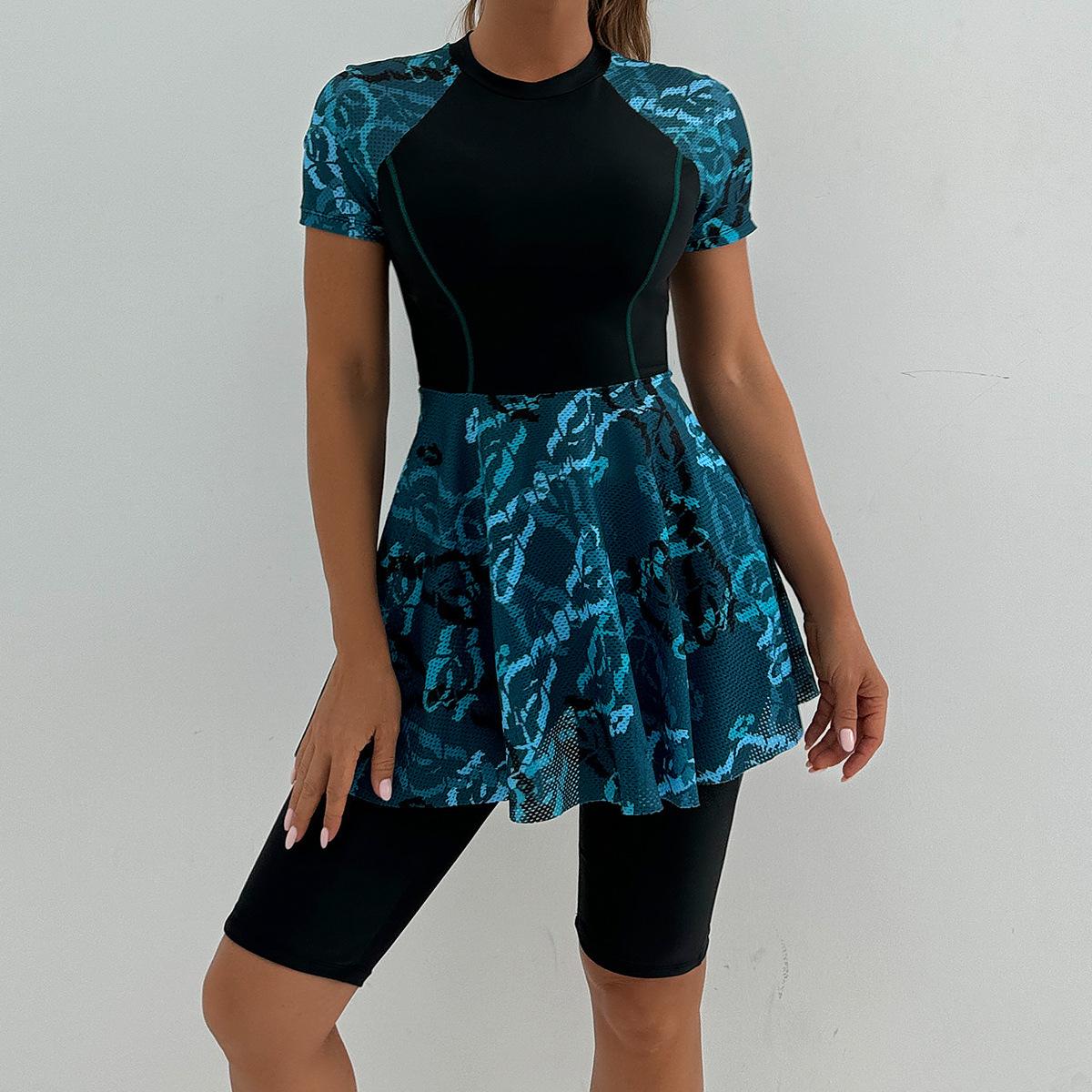 (image for) Women Short Sleeve Skirt Two Piece Printed Splice Conservative Surf Bathing Suit