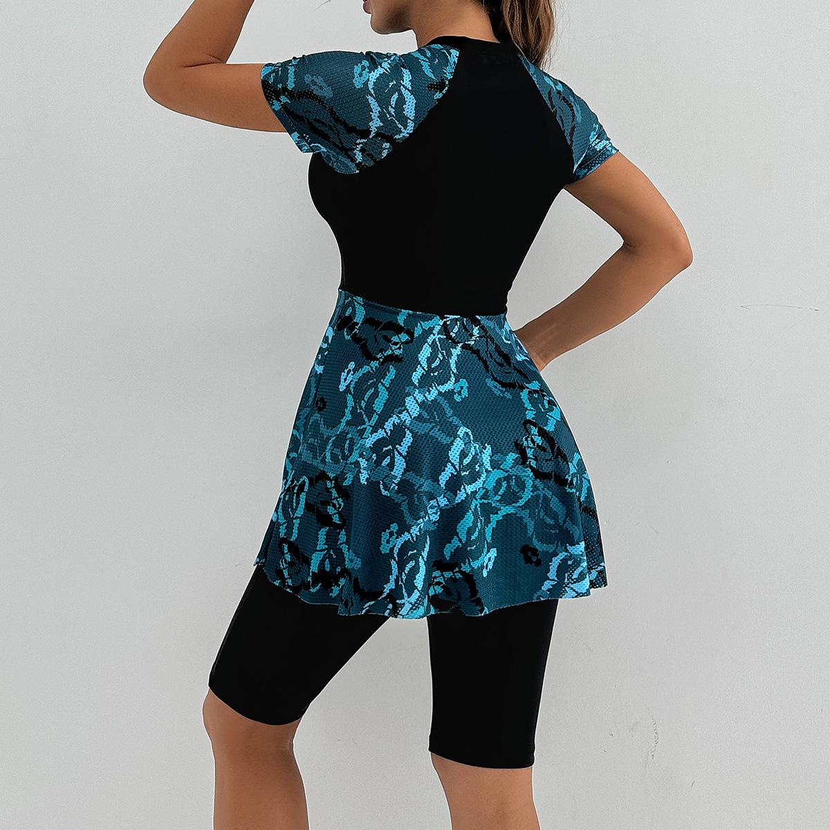 (image for) Women Short Sleeve Skirt Two Piece Printed Splice Conservative Surf Bathing Suit