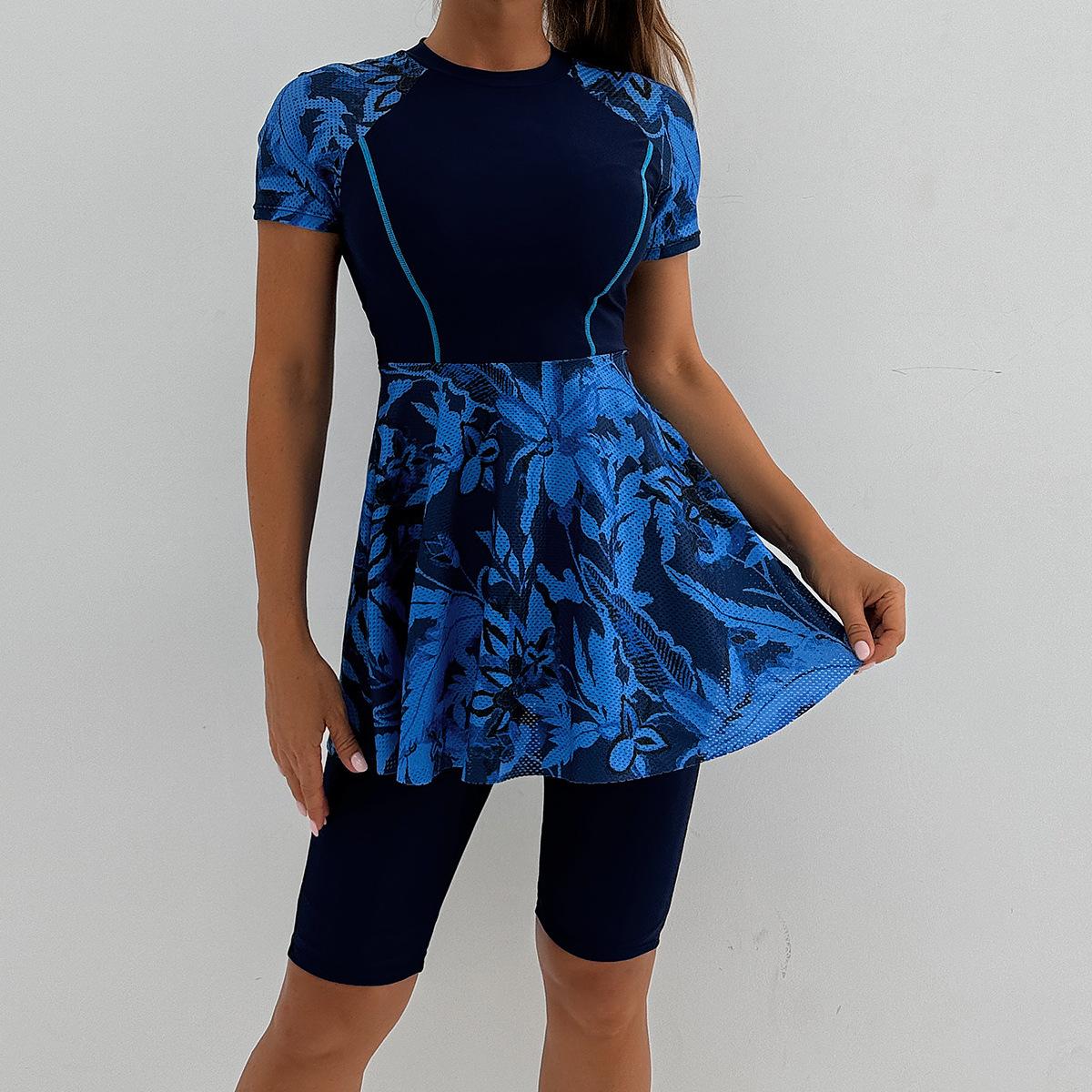 (image for) Women Short Sleeve Skirt Two Piece Printed Splice Conservative Surf Bathing Suit