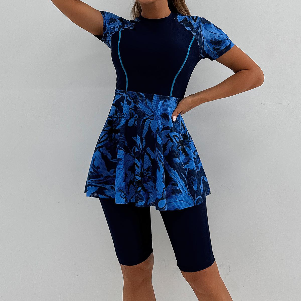 (image for) Women Short Sleeve Skirt Two Piece Printed Splice Conservative Surf Bathing Suit