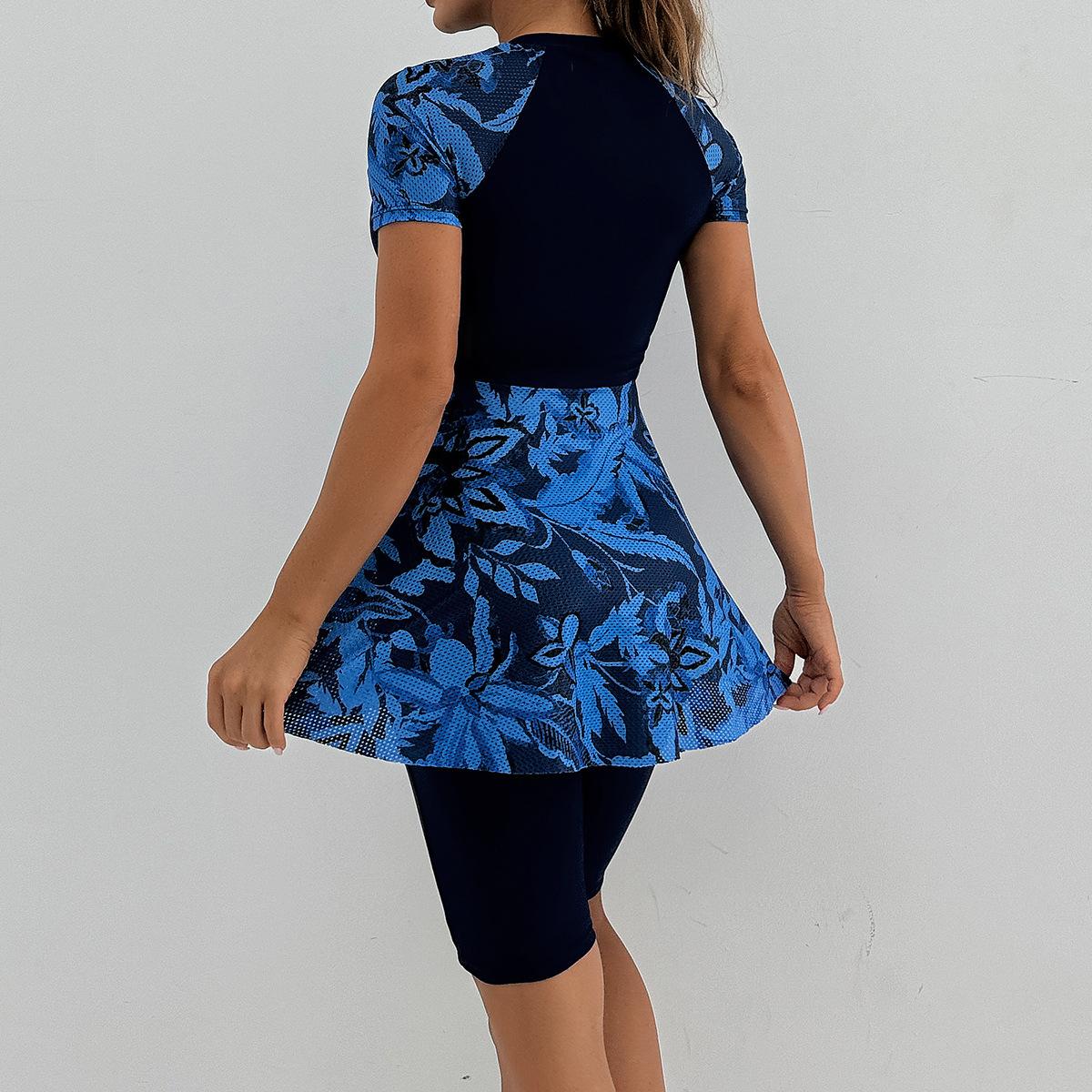 (image for) Women Short Sleeve Skirt Two Piece Printed Splice Conservative Surf Bathing Suit