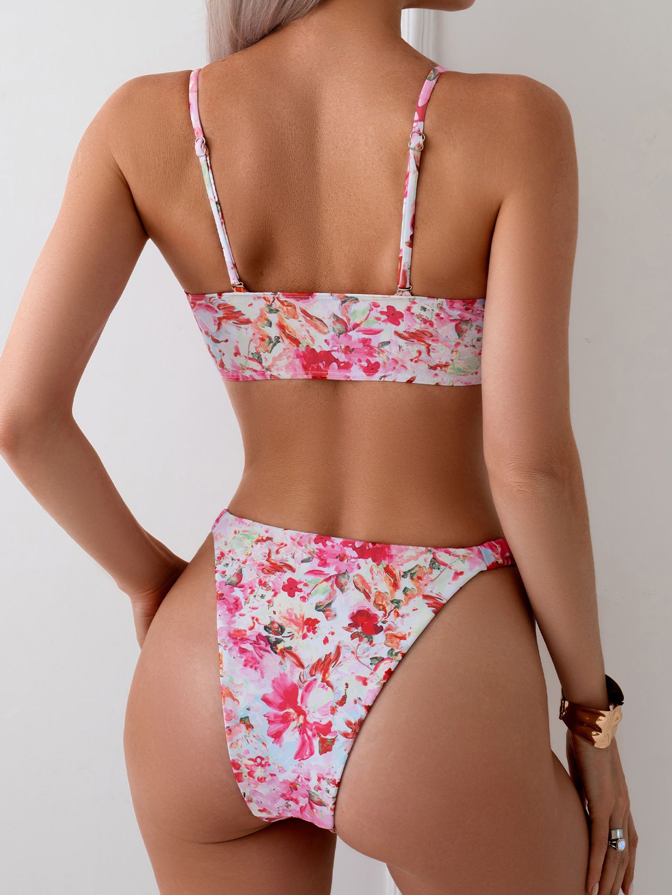 (image for) Floral Print Drawstring Bikini Set Scalloped Edge Spaghetti Strap Two‑Piece Women Swimsuit