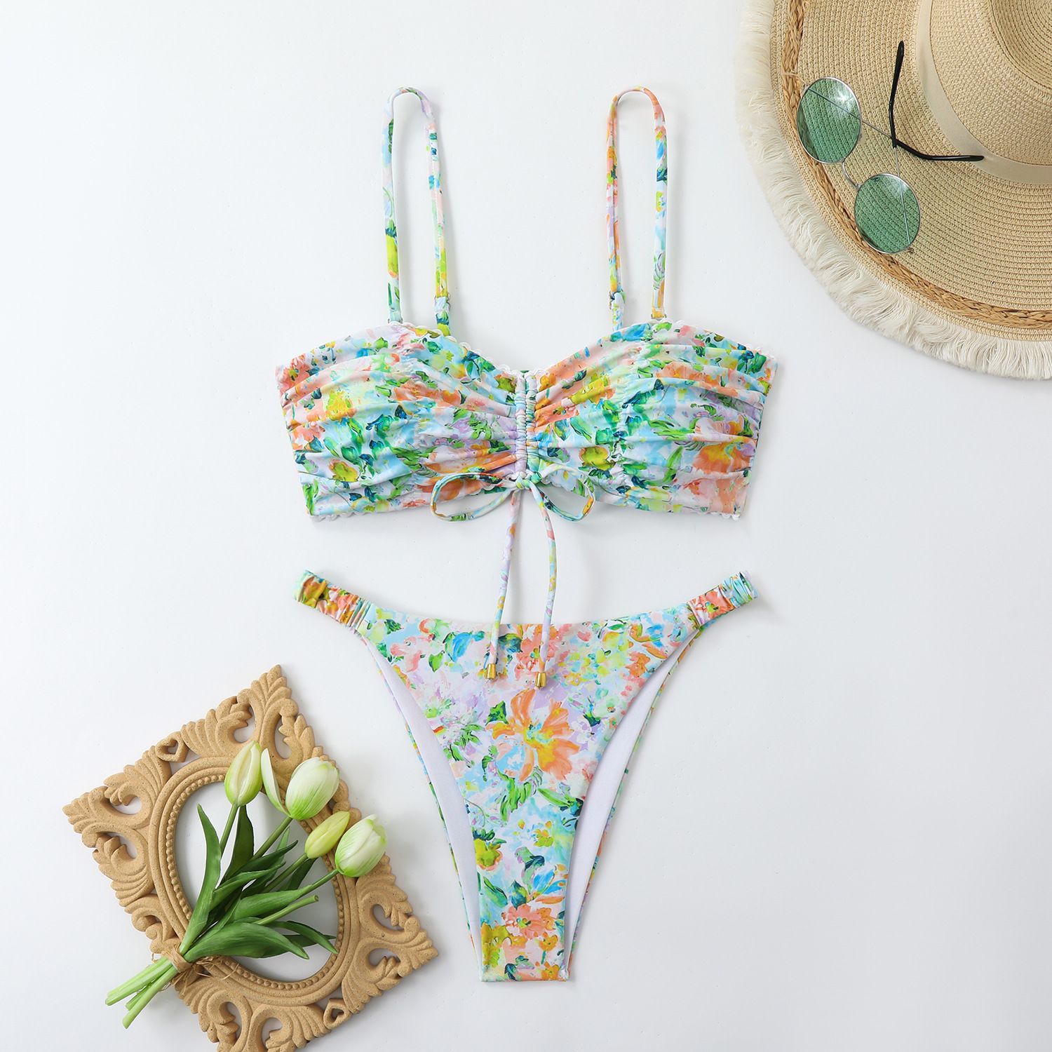 (image for) Floral Print Drawstring Bikini Set Scalloped Edge Spaghetti Strap Two‑Piece Women Swimsuit