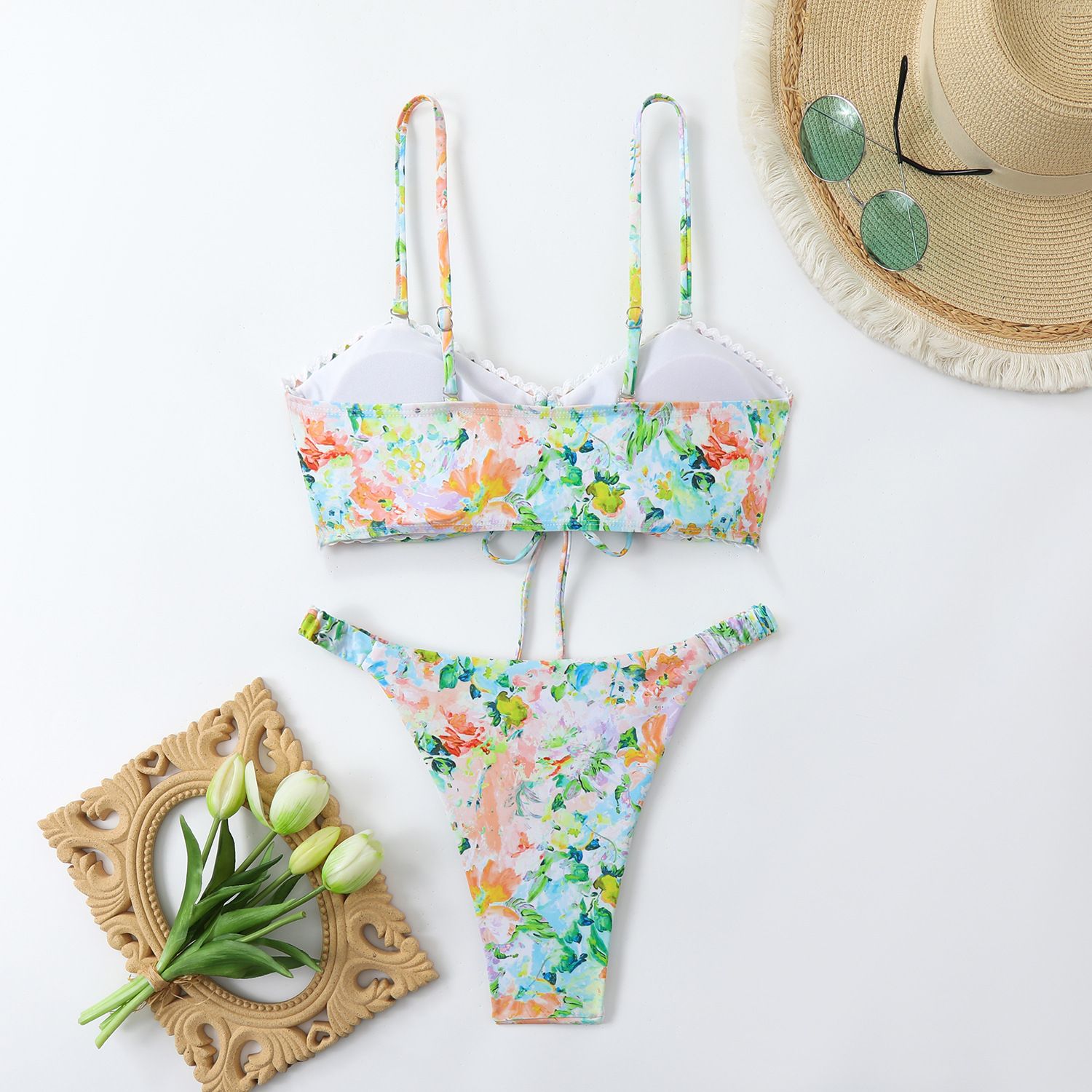 (image for) Floral Print Drawstring Bikini Set Scalloped Edge Spaghetti Strap Two‑Piece Women Swimsuit
