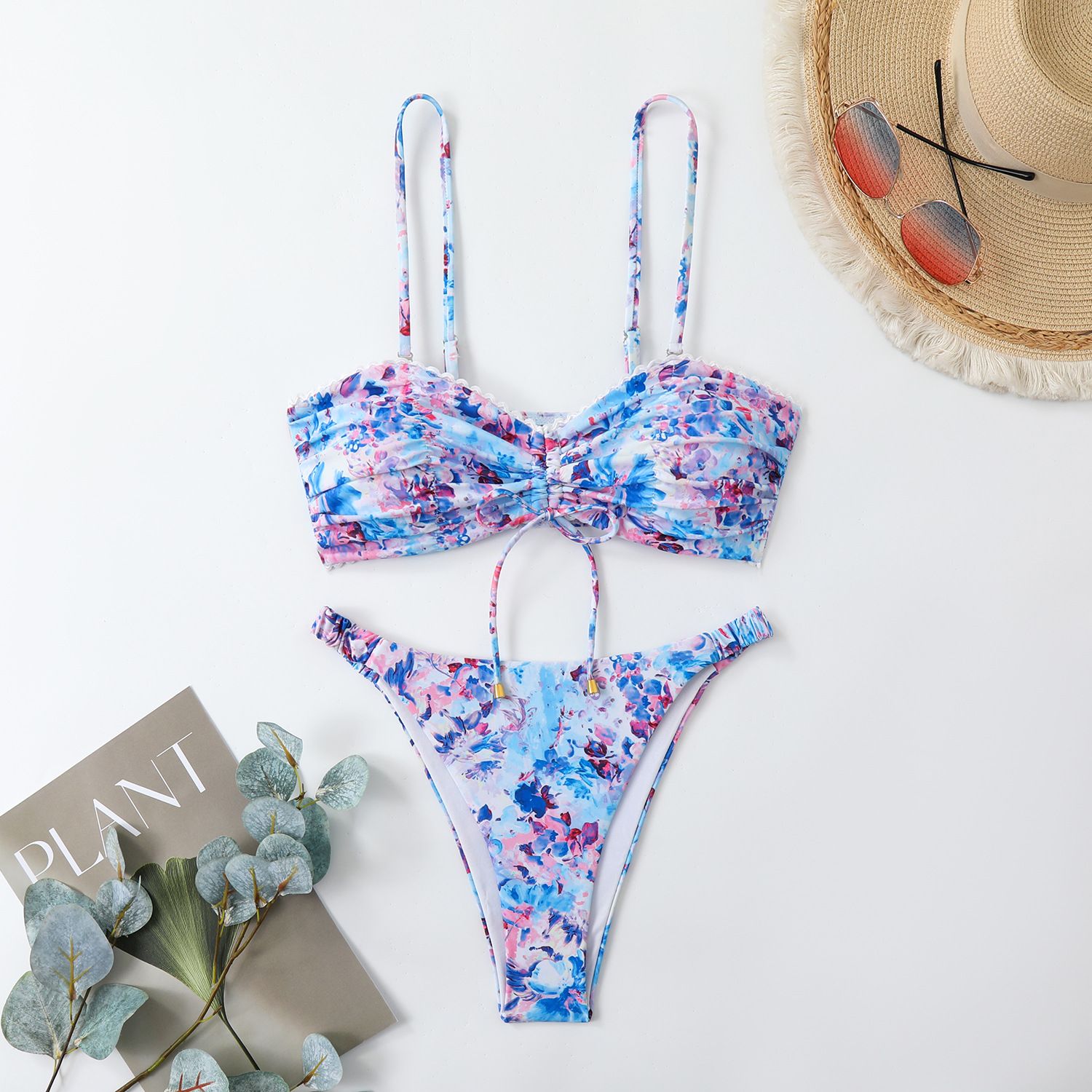 (image for) Floral Print Drawstring Bikini Set Scalloped Edge Spaghetti Strap Two‑Piece Women Swimsuit