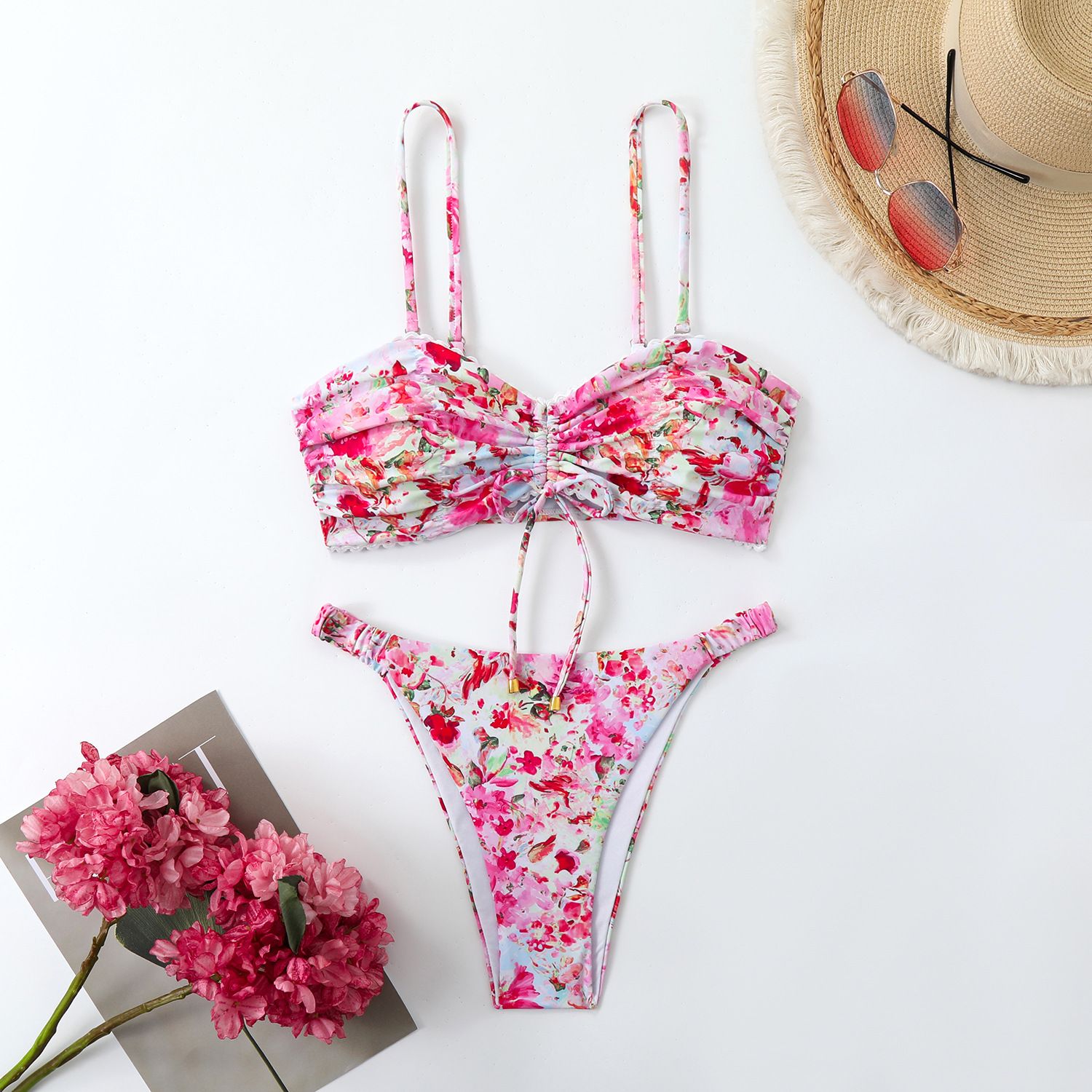 (image for) Floral Print Drawstring Bikini Set Scalloped Edge Spaghetti Strap Two‑Piece Women Swimsuit