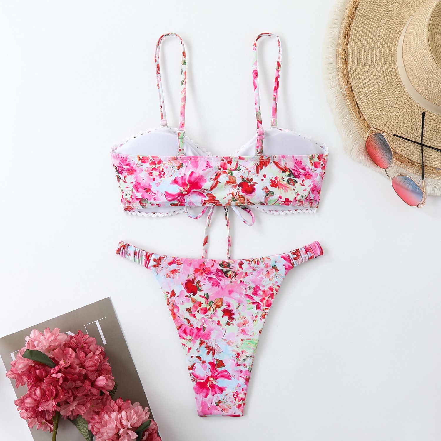 (image for) Floral Print Drawstring Bikini Set Scalloped Edge Spaghetti Strap Two‑Piece Women Swimsuit
