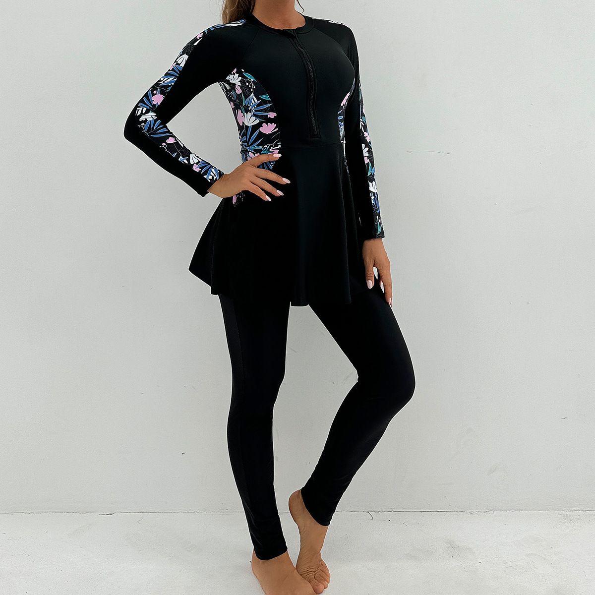 Women Modest Burkini Swimsuit Long Sleeve Zipper Full Coverage Muslim Swimwear