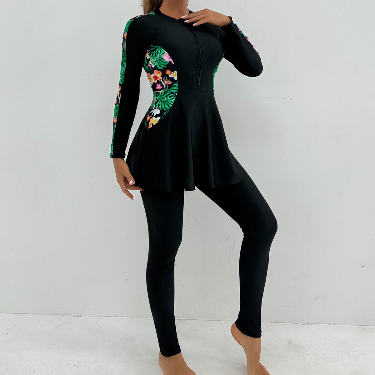 (image for) Women Modest Burkini Swimsuit Long Sleeve Zipper Full Coverage Muslim Swimwear