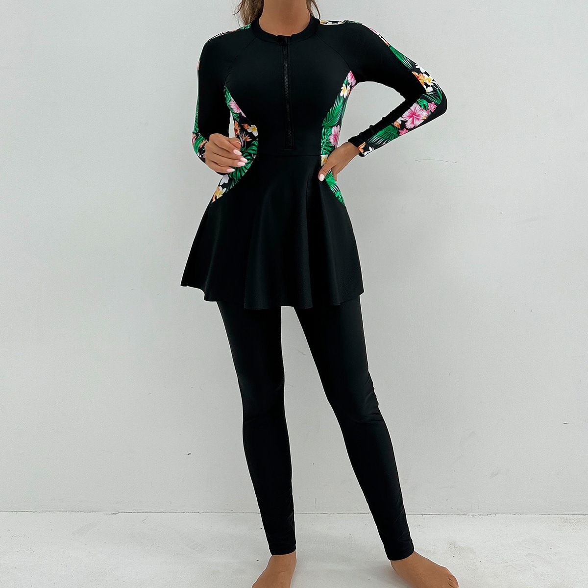 (image for) Women Modest Burkini Swimsuit Long Sleeve Zipper Full Coverage Muslim Swimwear