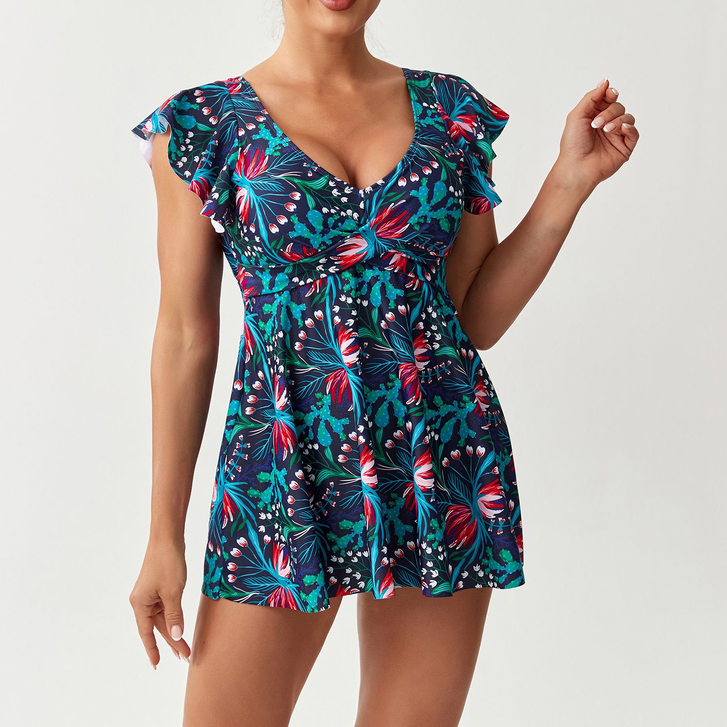 (image for) Women Tankini Swimsuit Ruffle Cap Sleeve V‑Neck Floral Print Two‑Piece Skirted Bathing Suit